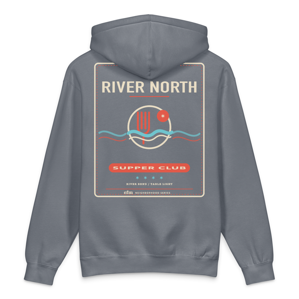 River North heavyweight hoodie in Storm Blue, back view - Chicago Neighborhood Series