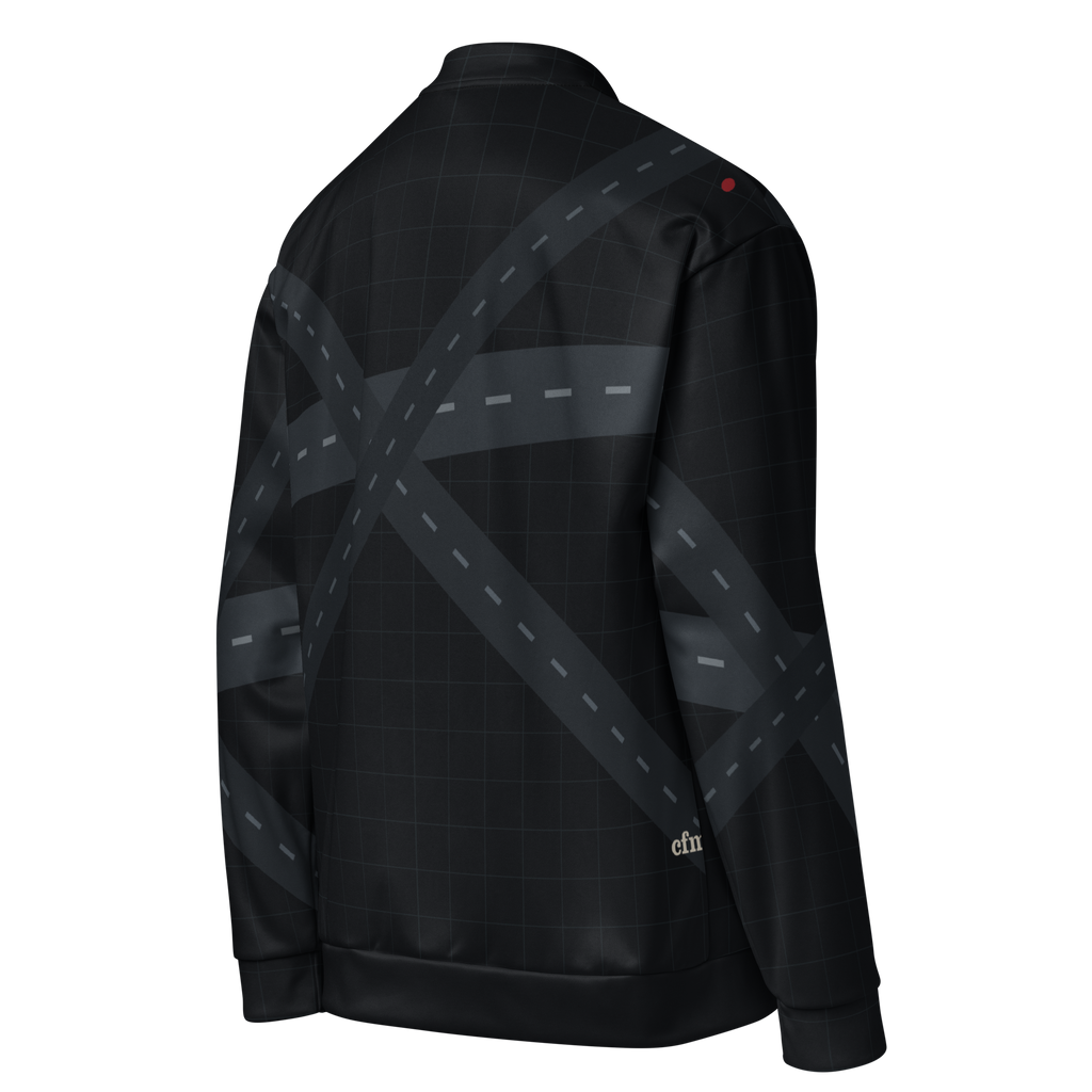 Chicago ORD Runway Matrix bomber jacket in midnight black with tonal O'Hare runway geometry, details Ghost Right Back