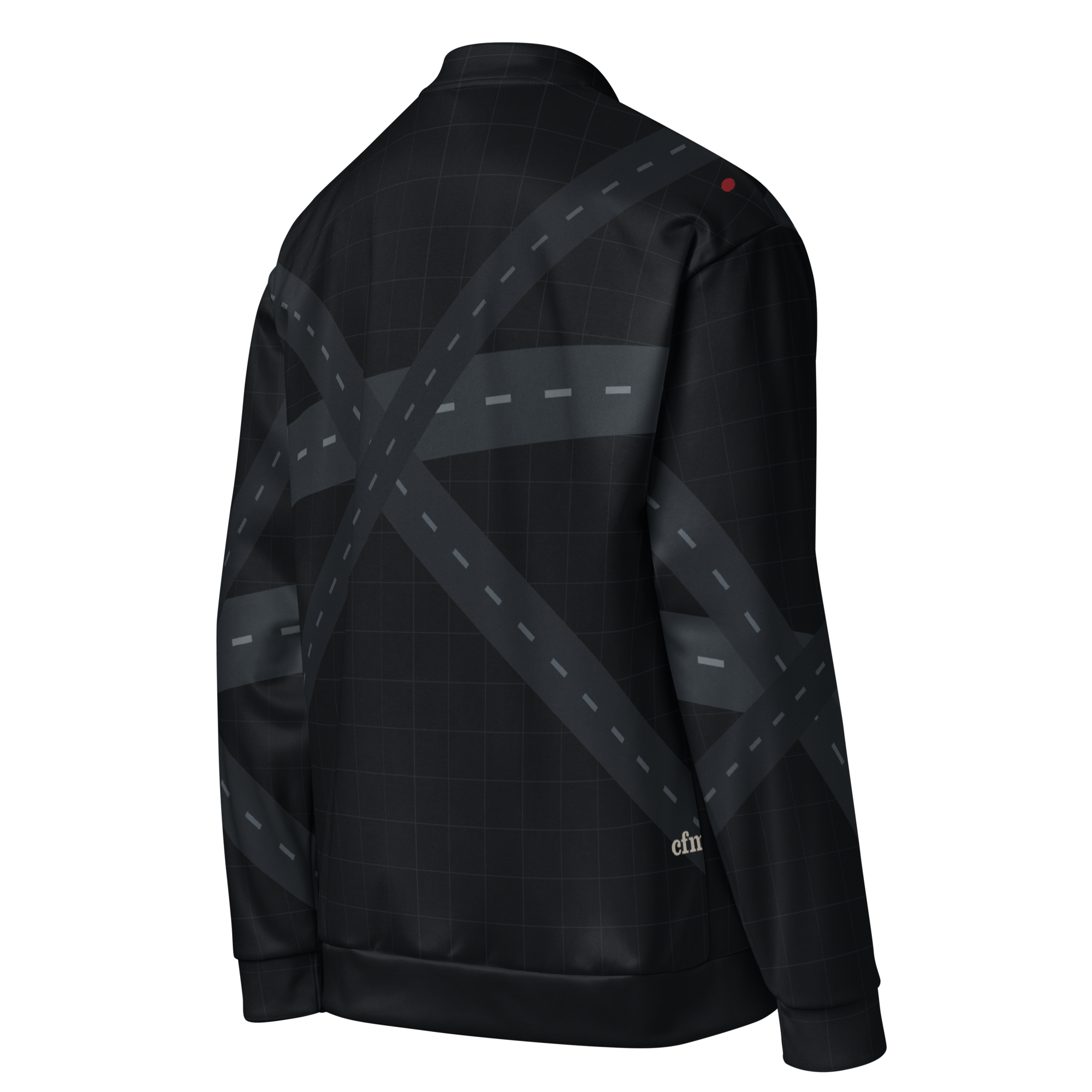 Chicago ORD Runway Matrix bomber jacket in midnight black with tonal O'Hare runway geometry, details Ghost Right Back