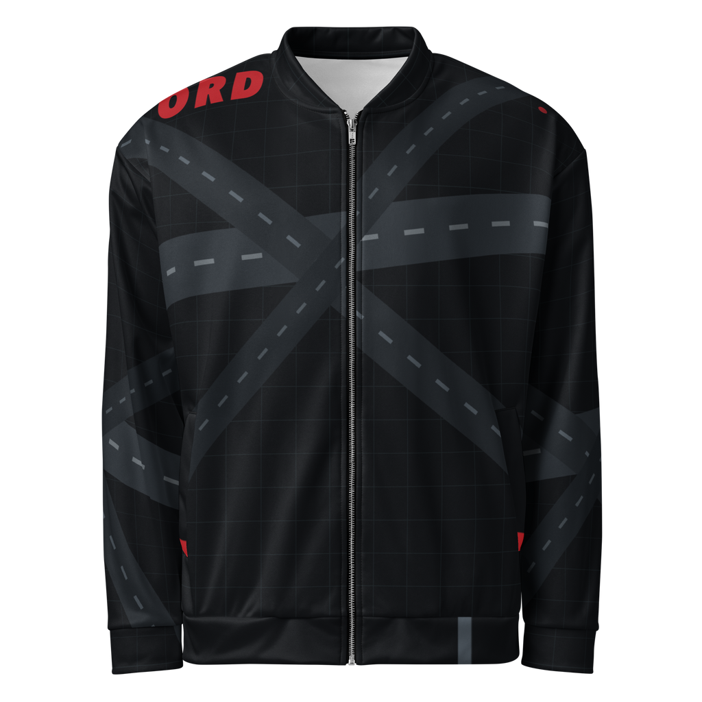 Chicago ORD Runway Matrix bomber jacket in midnight black with tonal O'Hare runway geometry