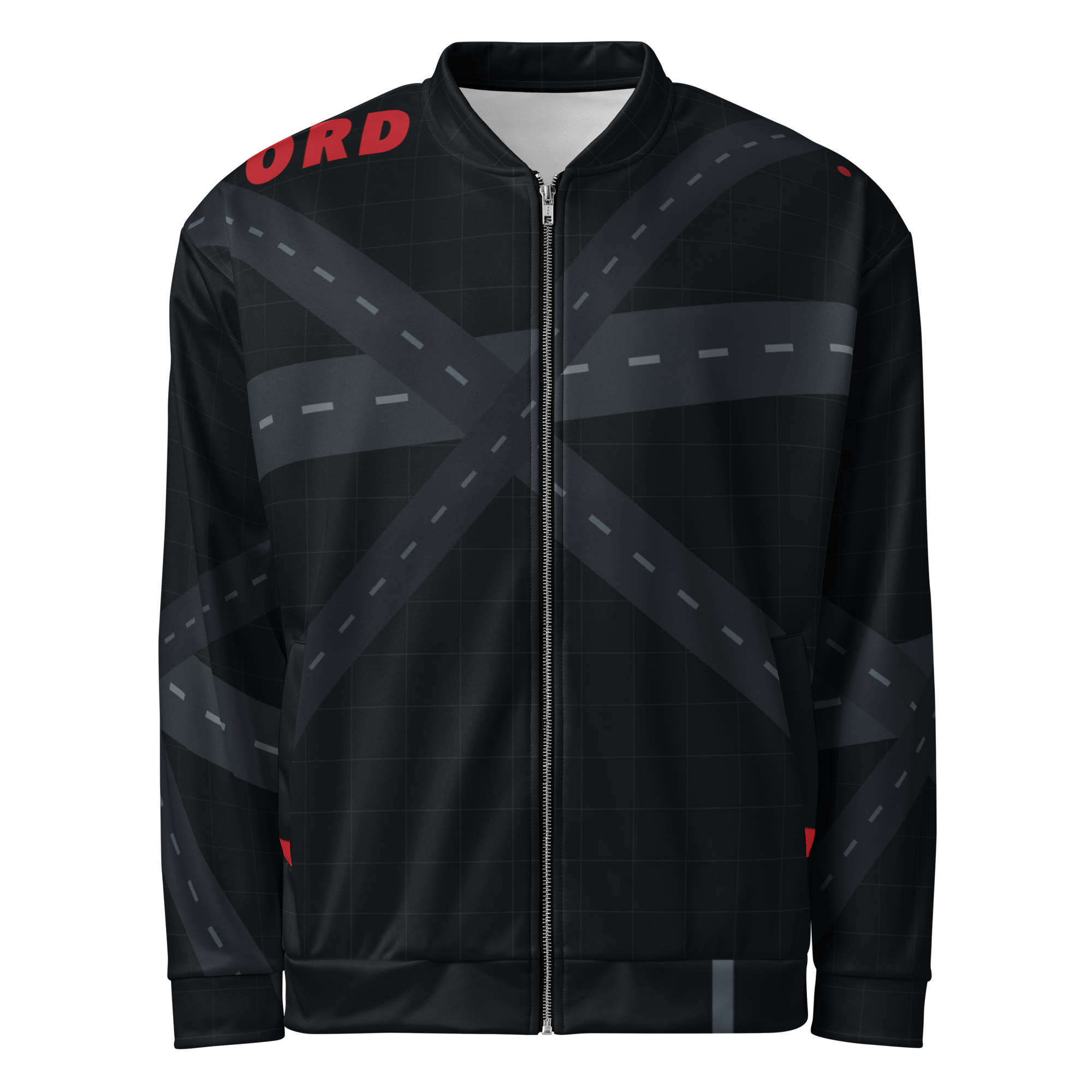Chicago ORD Runway Matrix bomber jacket in midnight black with tonal O'Hare runway geometry
