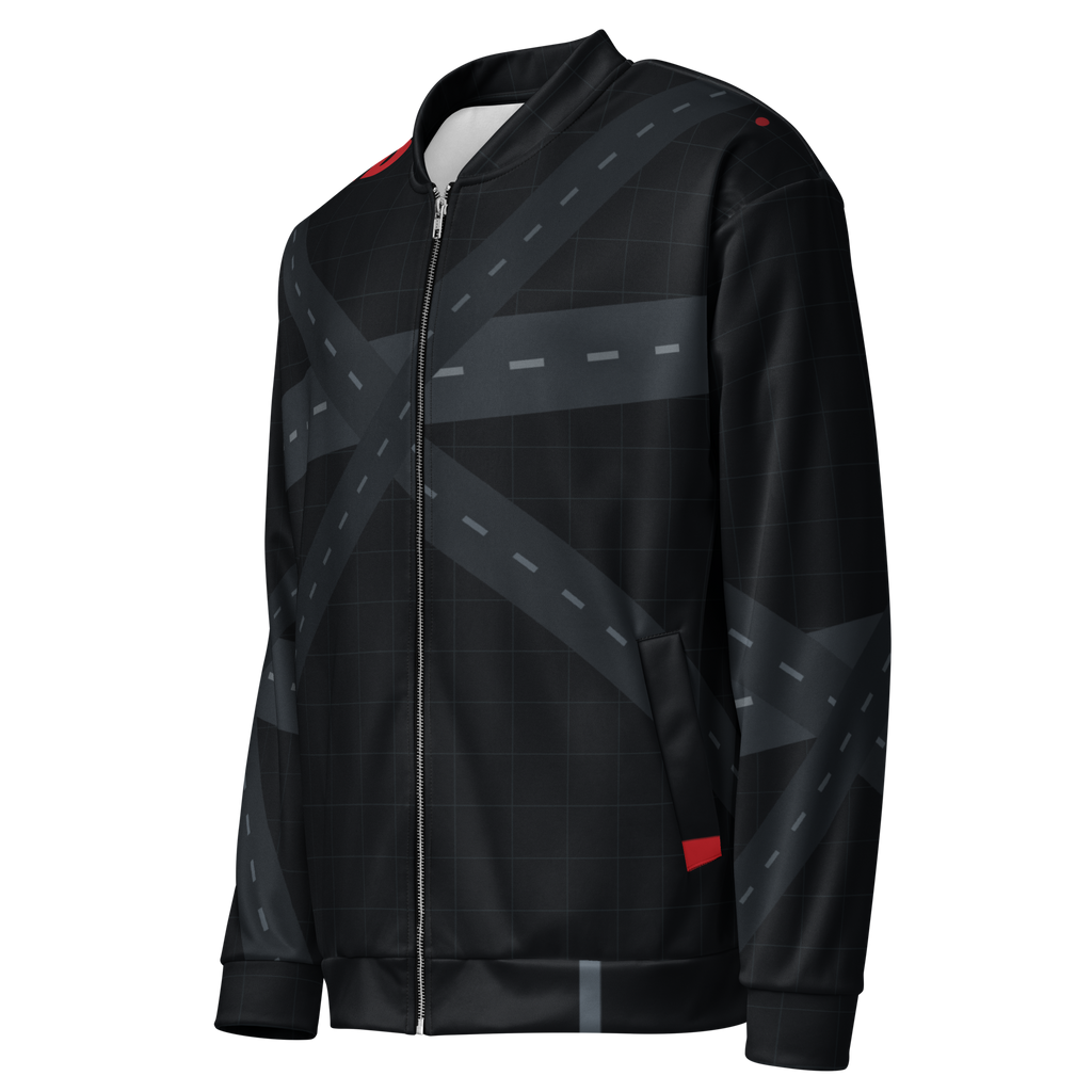 Chicago ORD Runway Matrix bomber jacket in midnight black with tonal O'Hare runway geometry, sleeve_left