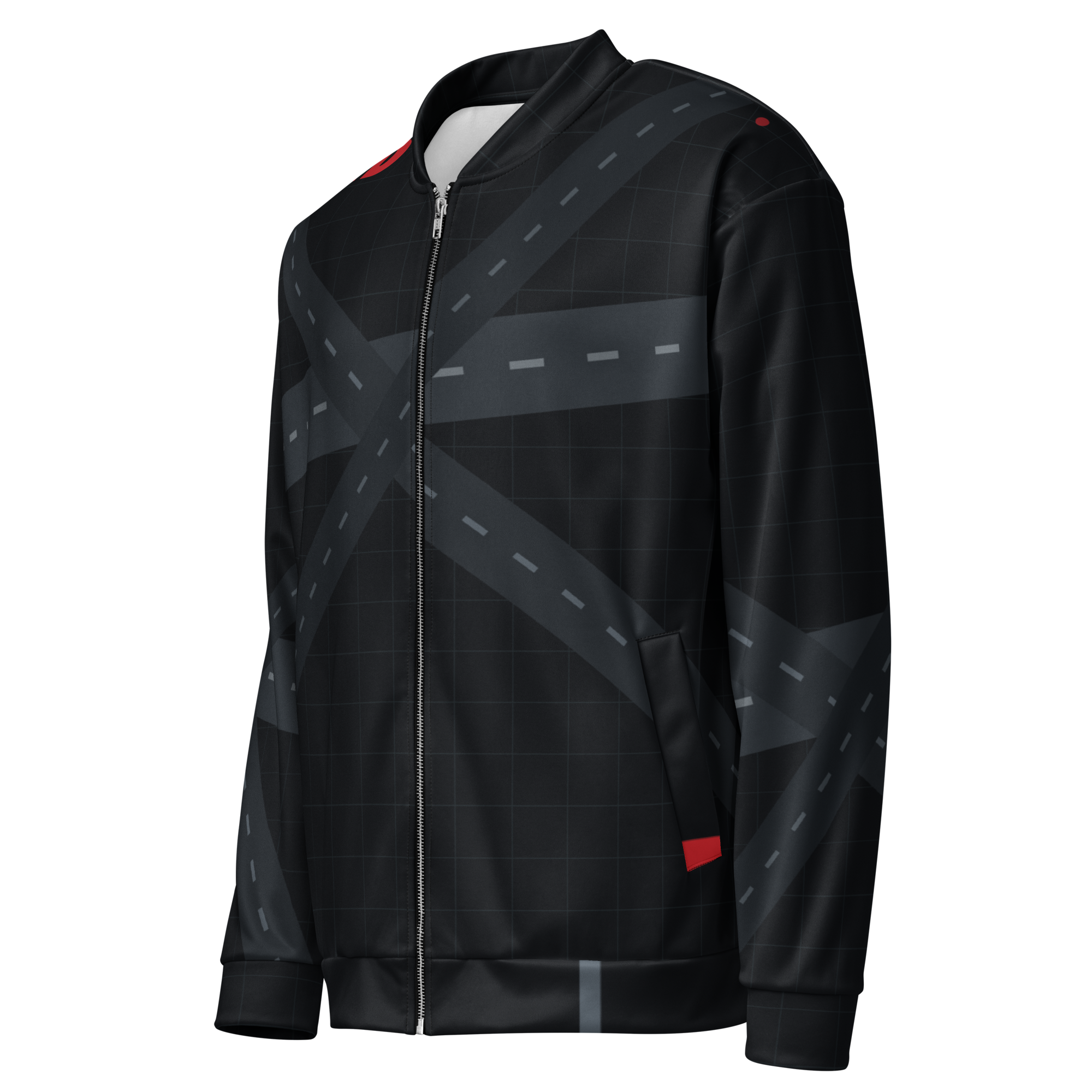 Chicago ORD Runway Matrix bomber jacket in midnight black with tonal O'Hare runway geometry, sleeve_left