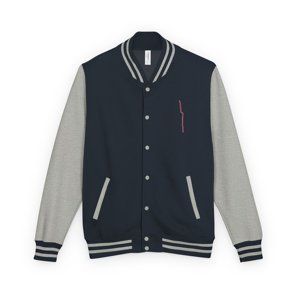 Chicago Red Line heavyweight letterman jacket in Oxford Navy and heather gray, primary view
