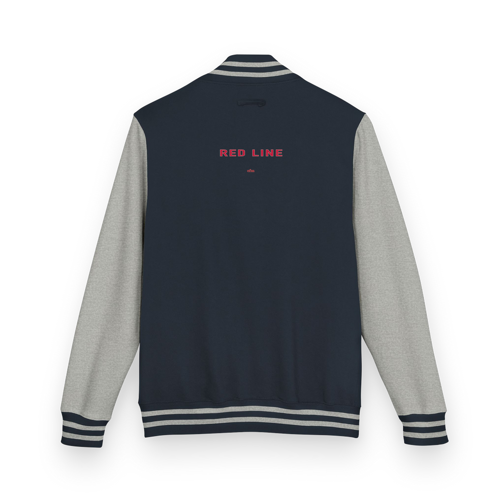 Chicago Red Line heavyweight letterman jacket in Oxford Navy and heather gray, alternate view