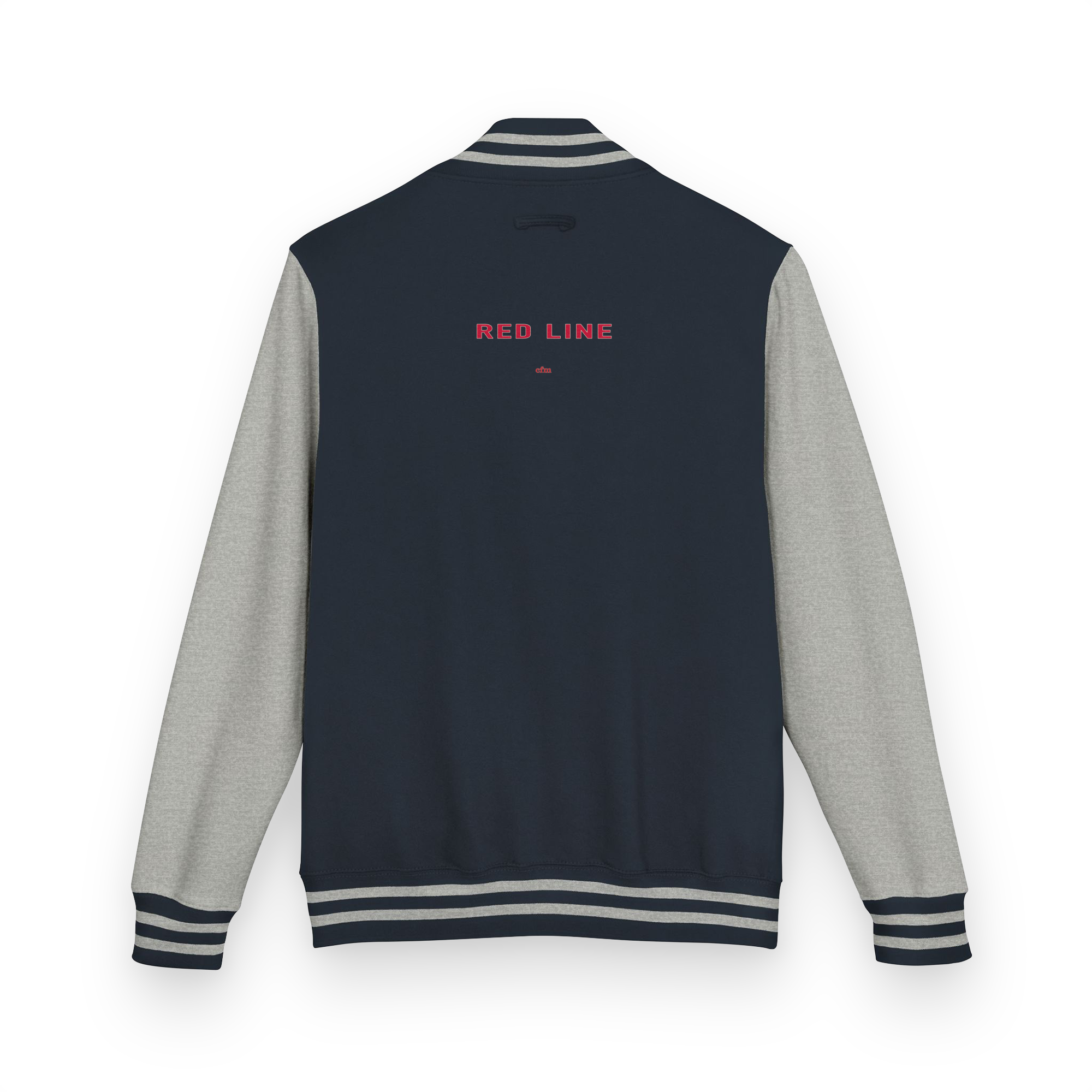 Chicago Red Line heavyweight letterman jacket in Oxford Navy and heather gray, alternate view