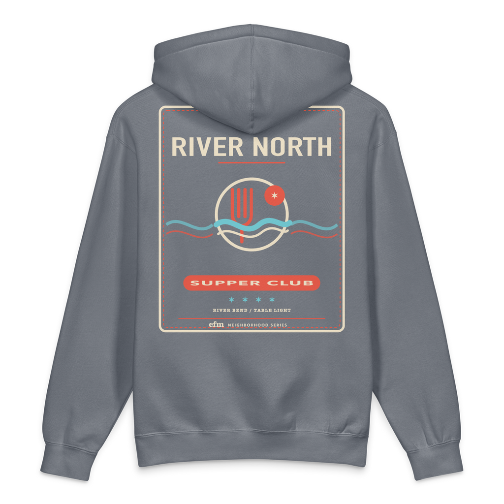 River North heavyweight hoodie in Storm Blue, back view - Chicago Neighborhood Series