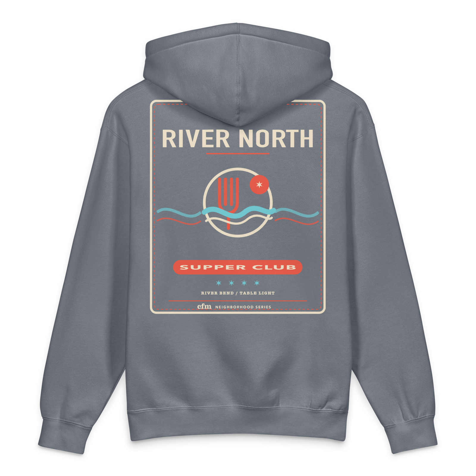 River North heavyweight hoodie in Storm Blue, back view - Chicago Neighborhood Series