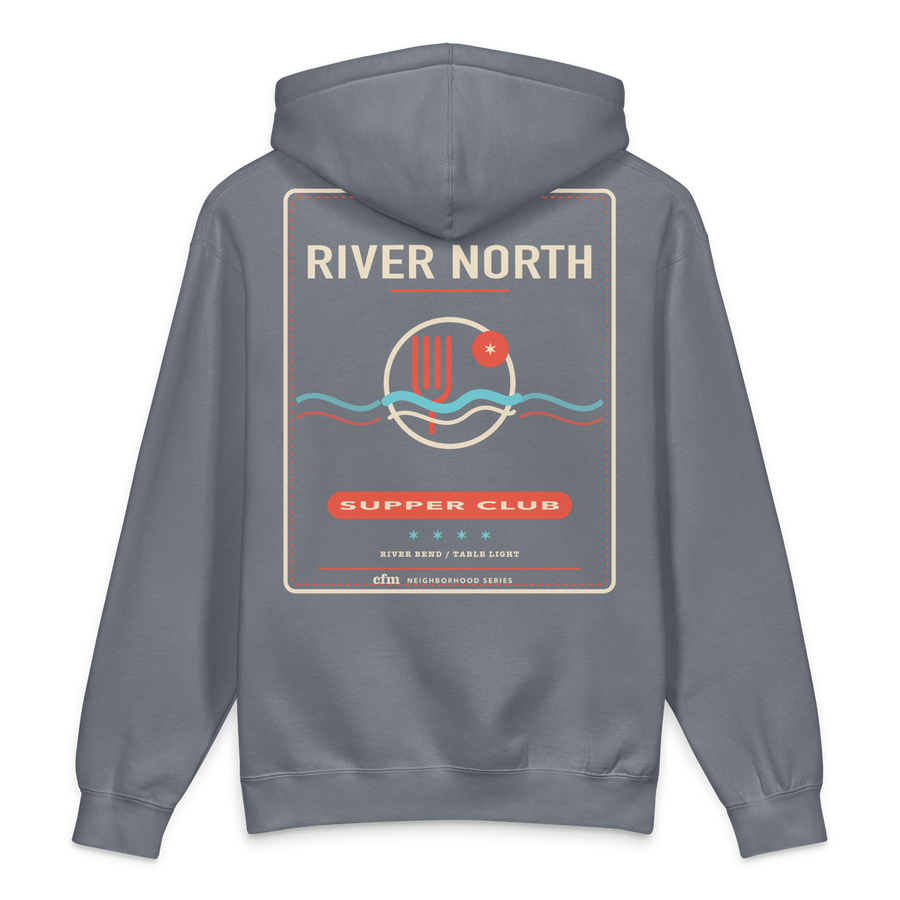River North heavyweight hoodie in Storm Blue, back view - Chicago Neighborhood Series