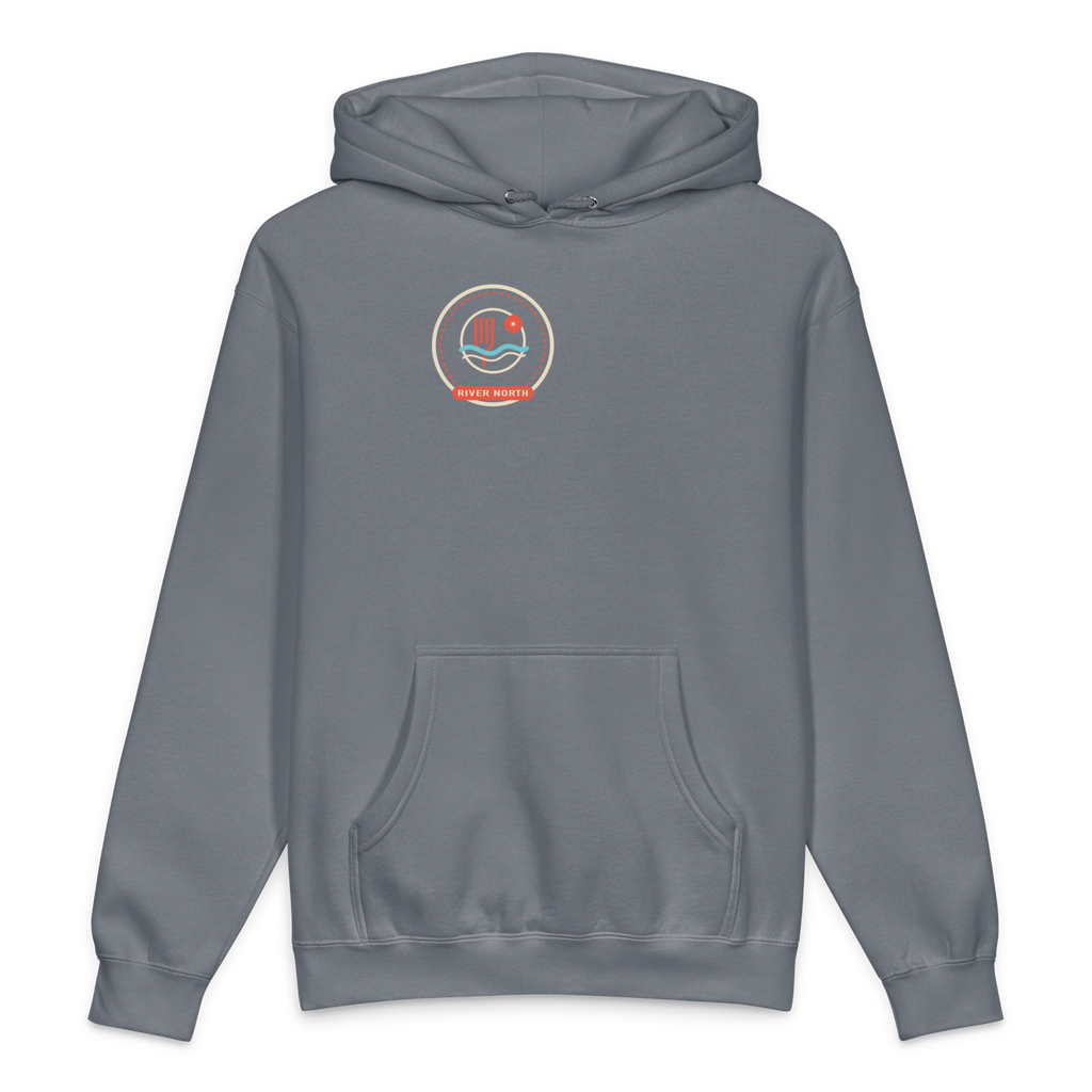 River North heavyweight hoodie in Storm Blue, front view - Chicago Neighborhood Series