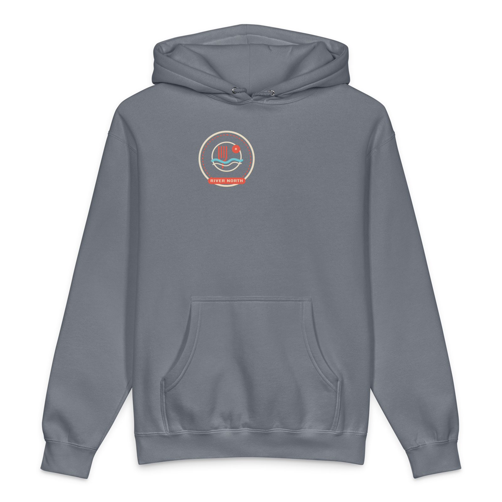 River North heavyweight hoodie in Storm Blue, front view - Chicago Neighborhood Series
