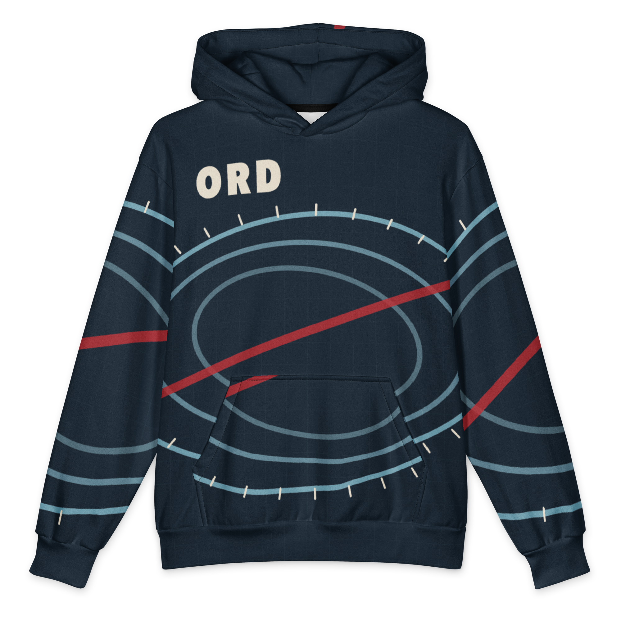 Chicago ORD Terminal Orbit oversized hoodie in midnight navy with ice-blue terminal rings