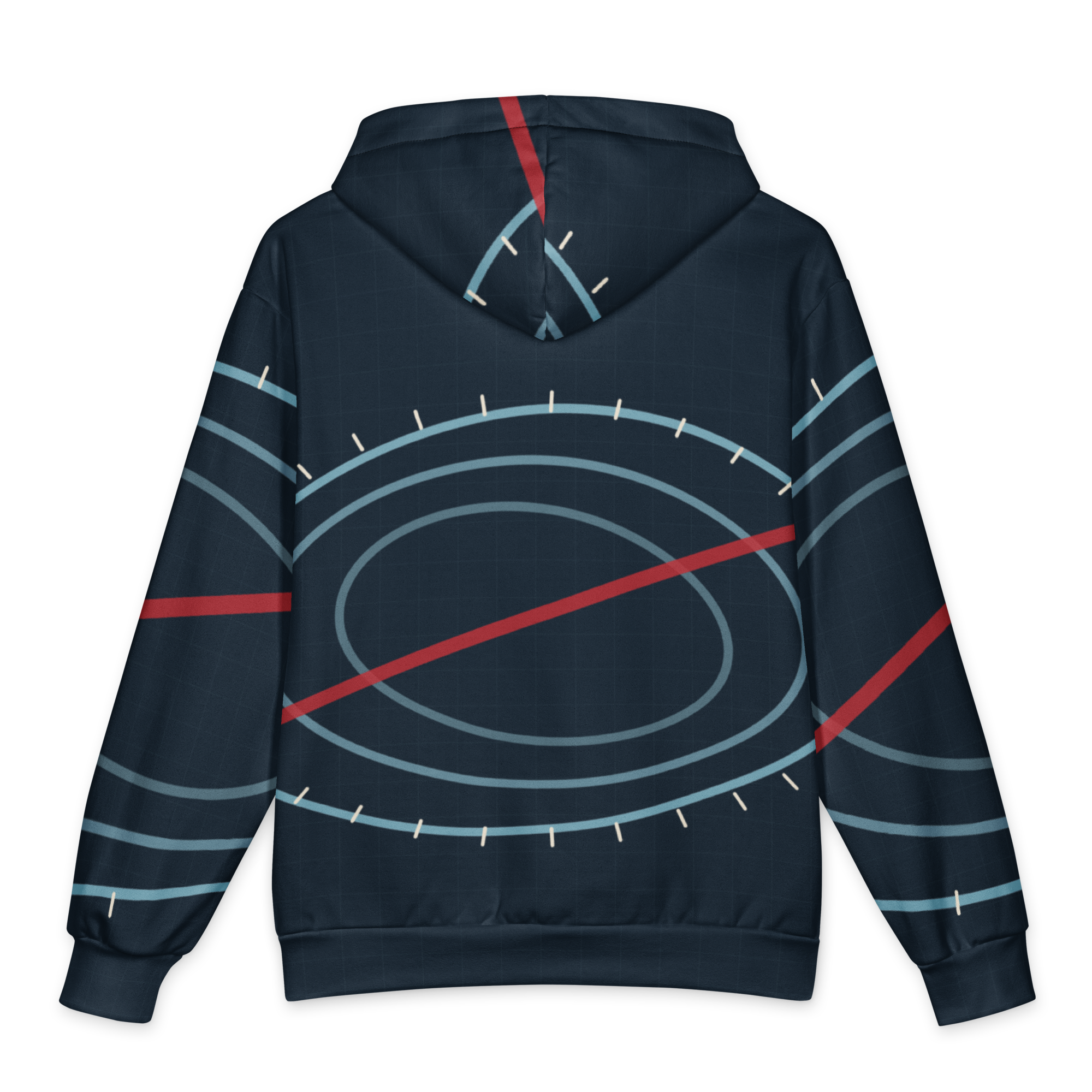 Chicago ORD Terminal Orbit oversized hoodie in midnight navy with ice-blue terminal rings, front_dtfabric Flat Back
