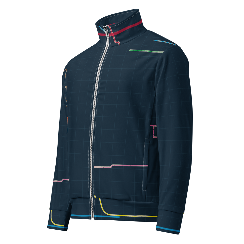 Chicago Transit Transfer Matrix recycled track jacket with complete rail routes, primary view