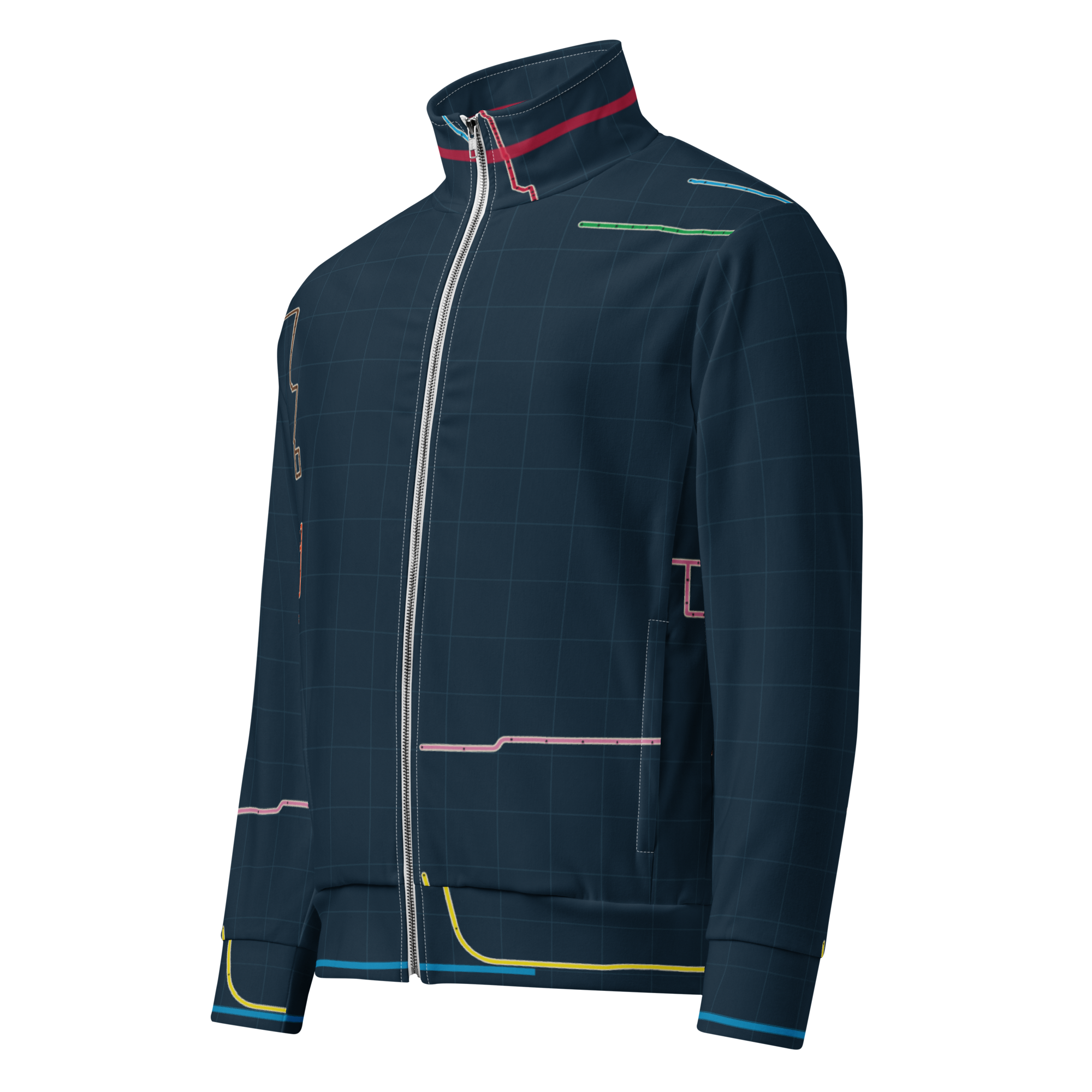 Chicago Transit Transfer Matrix recycled track jacket with complete rail routes, primary view