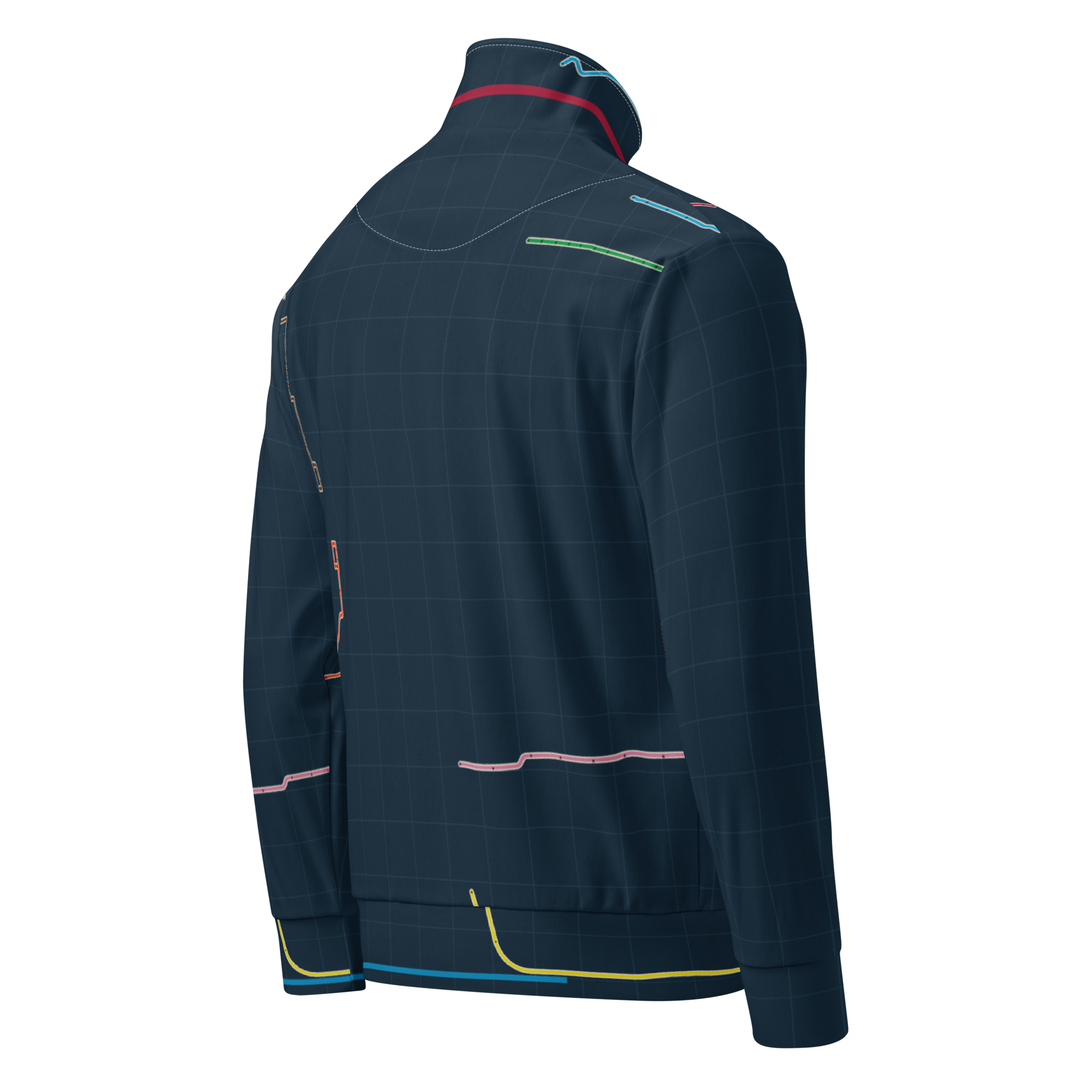 Chicago Transit Transfer Matrix recycled track jacket with complete rail routes, alternate view