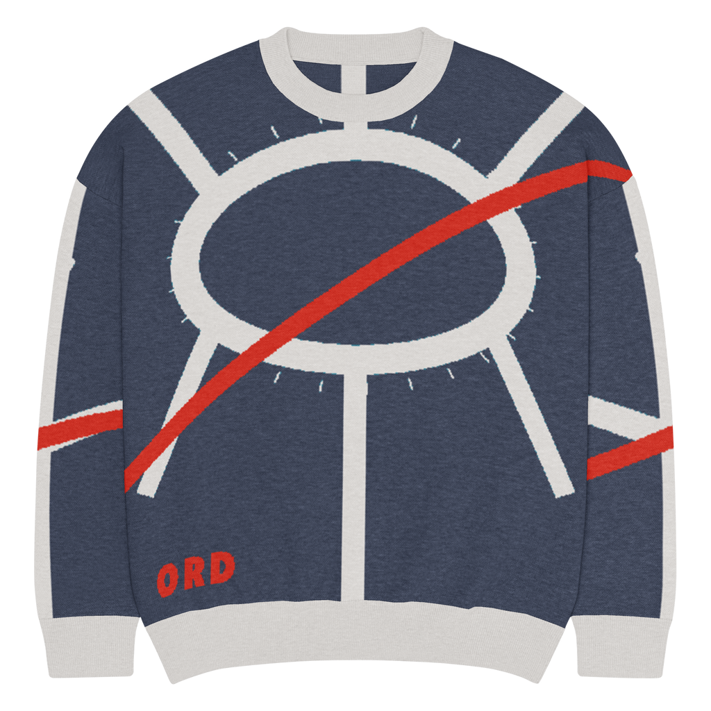 Chicago ORD Terminal Plan knit sweater in navy and bone with branching concourse geometry