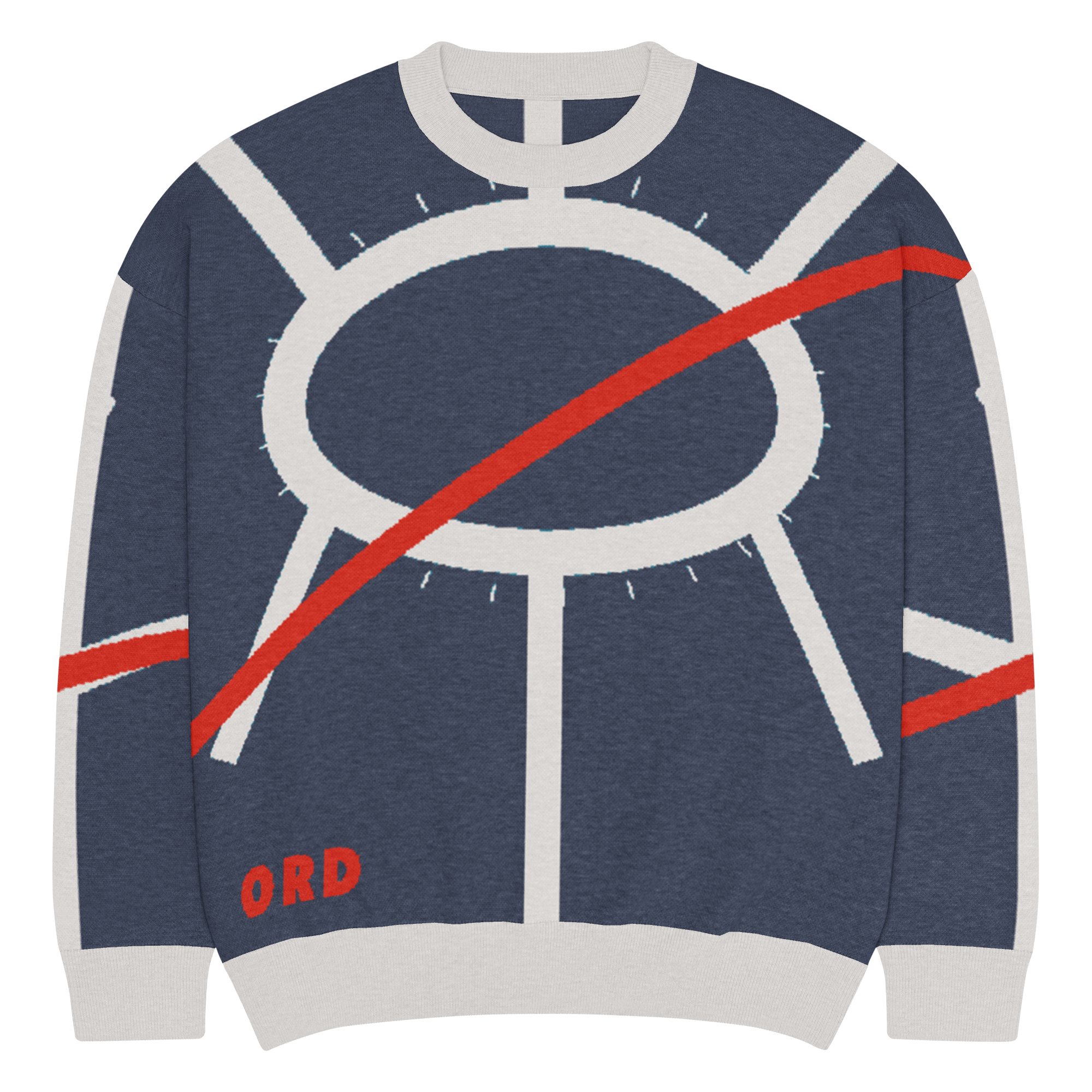 Chicago ORD Terminal Plan knit sweater in navy and bone with branching concourse geometry