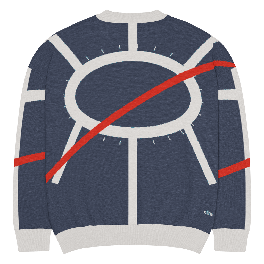 Chicago ORD Terminal Plan knit sweater in navy and bone with branching concourse geometry, front Flat Back