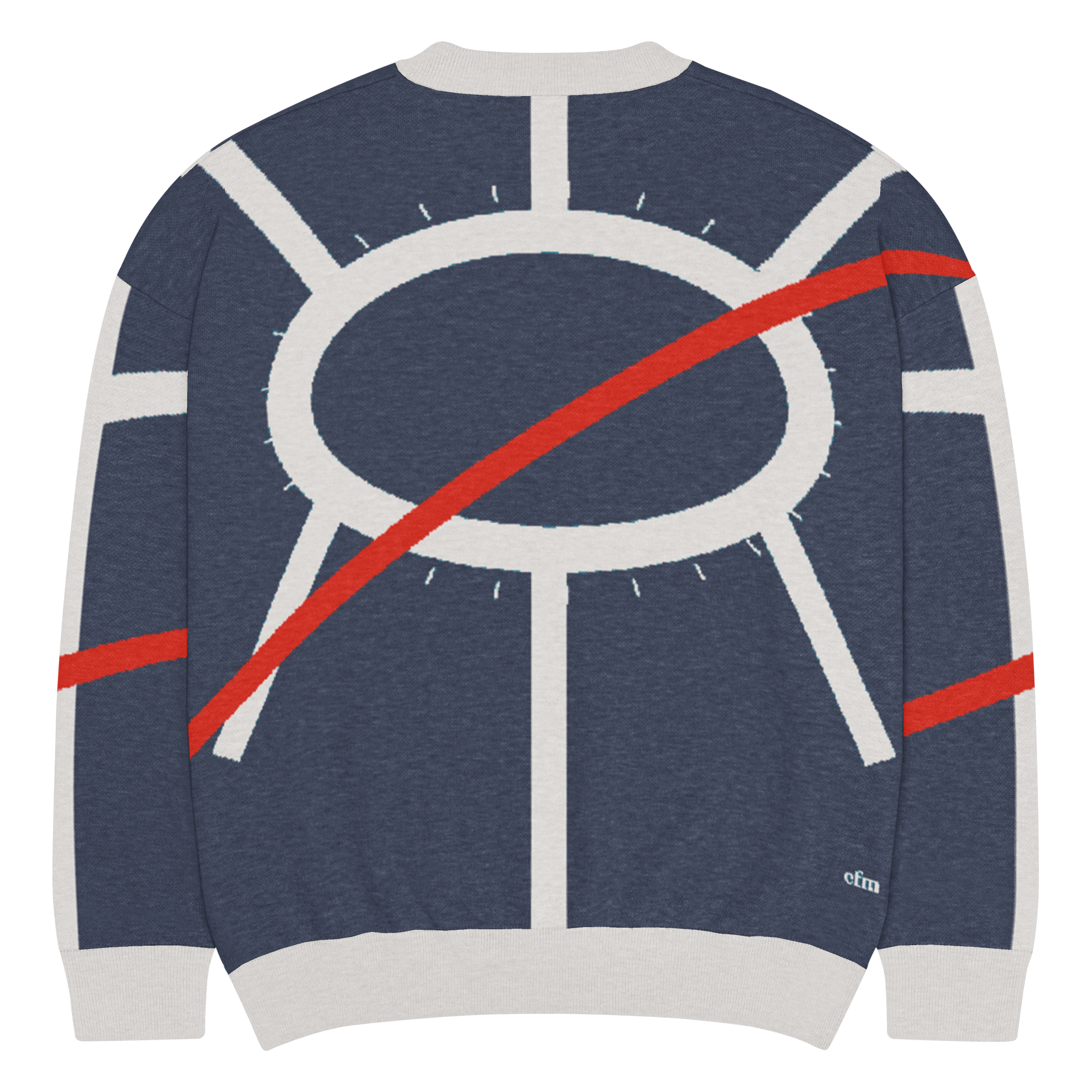 Chicago ORD Terminal Plan knit sweater in navy and bone with branching concourse geometry, front Flat Back