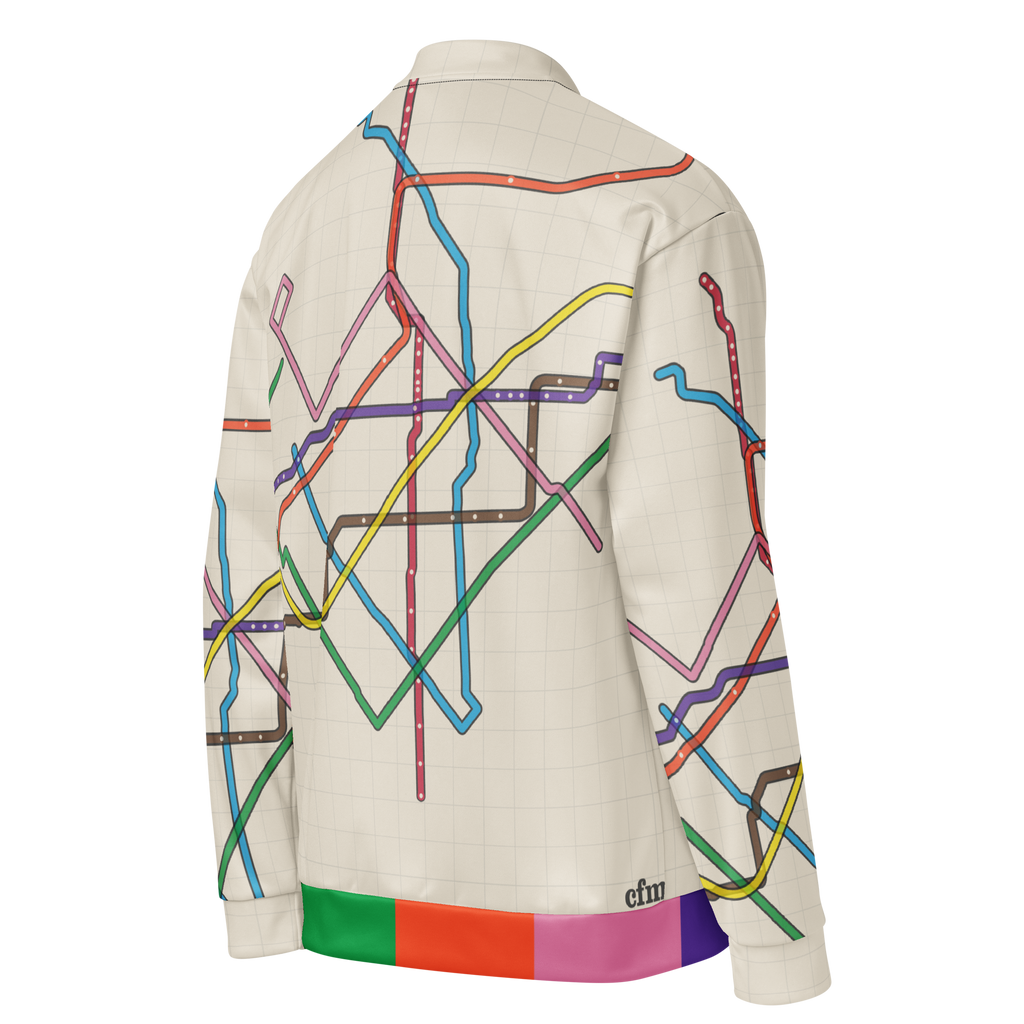 Chicago Transit Loop Bloom bomber jacket with geometric rail-route artwork, alternate view