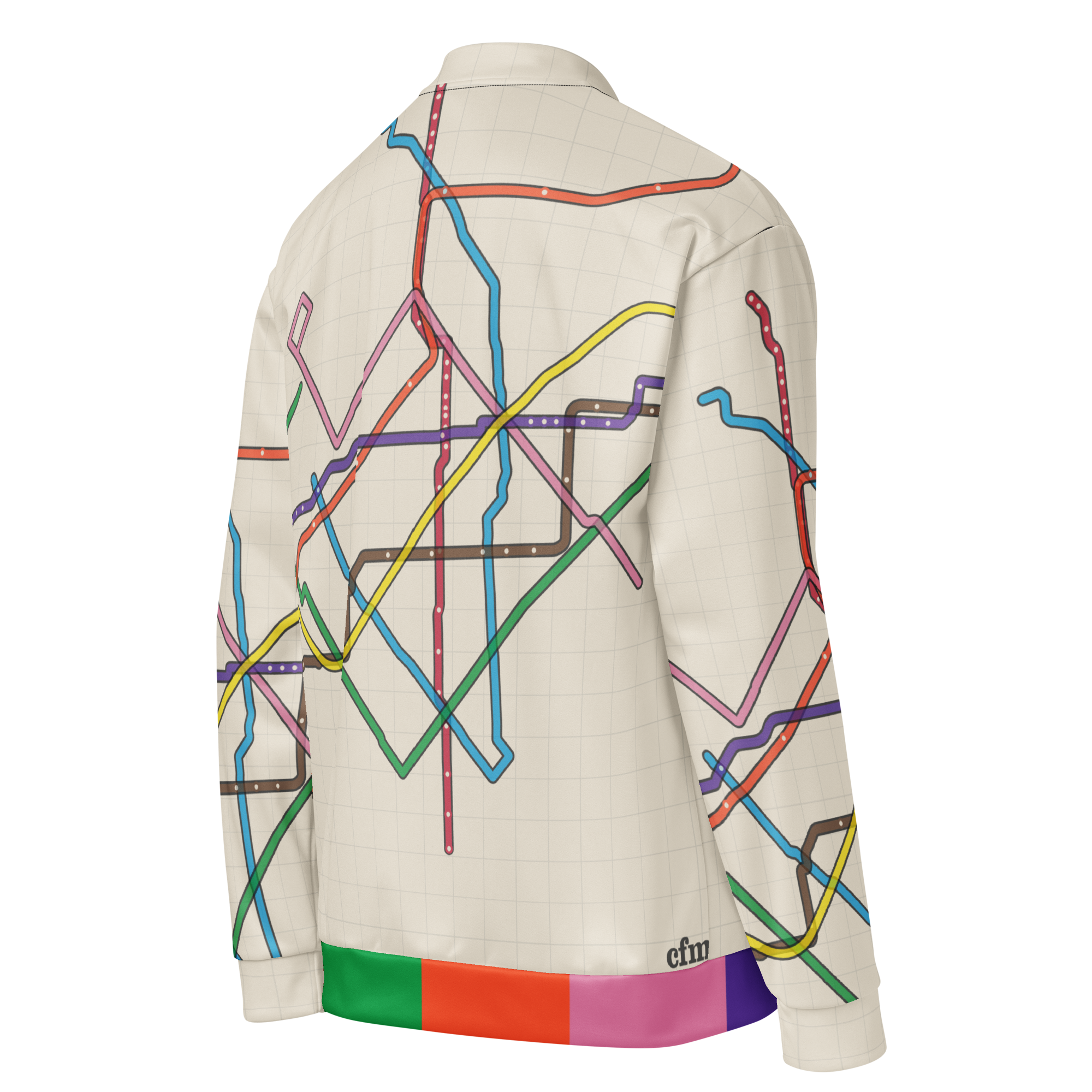 Chicago Transit Loop Bloom bomber jacket with geometric rail-route artwork, alternate view