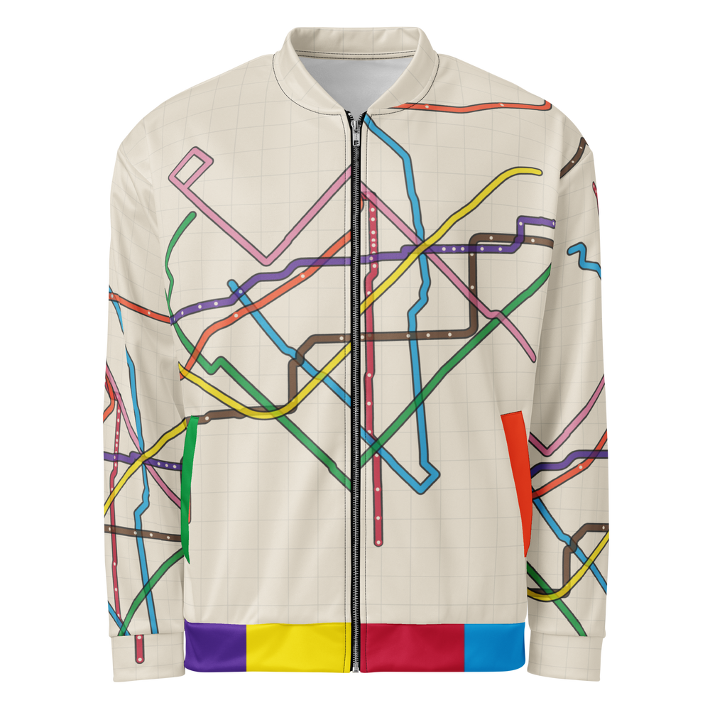 Chicago Transit Loop Bloom bomber jacket with geometric rail-route artwork, primary view