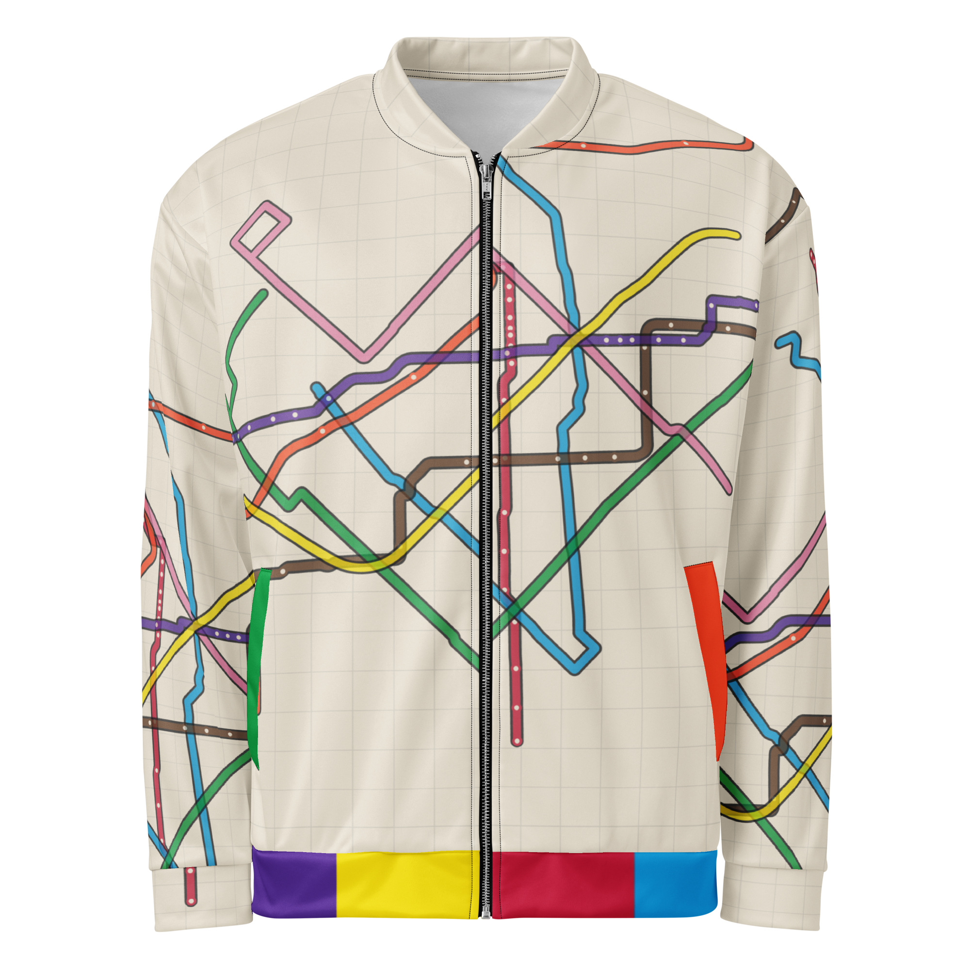 Chicago Transit Loop Bloom bomber jacket with geometric rail-route artwork, primary view