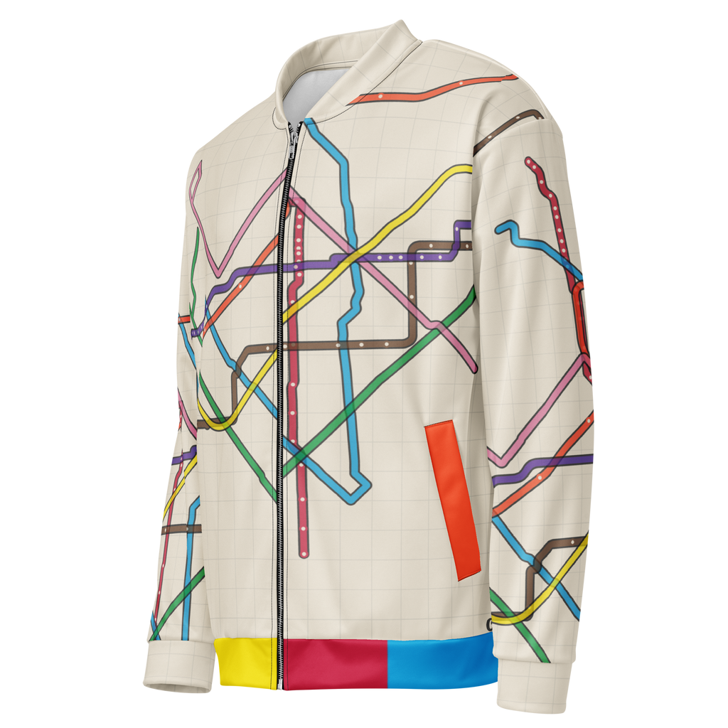 Chicago Transit Loop Bloom bomber jacket with geometric rail-route artwork, alternate view