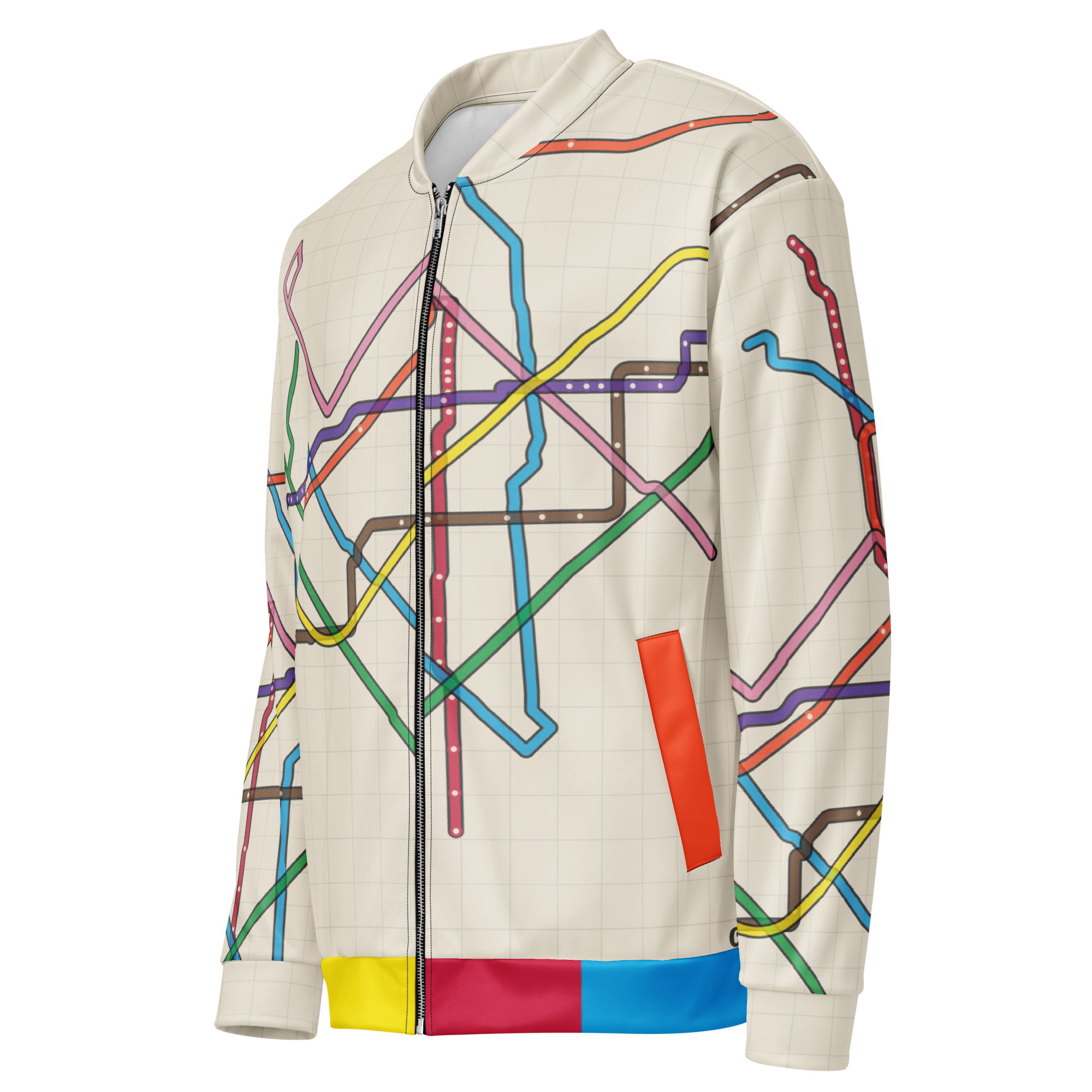 Chicago Transit Loop Bloom bomber jacket with geometric rail-route artwork, alternate view