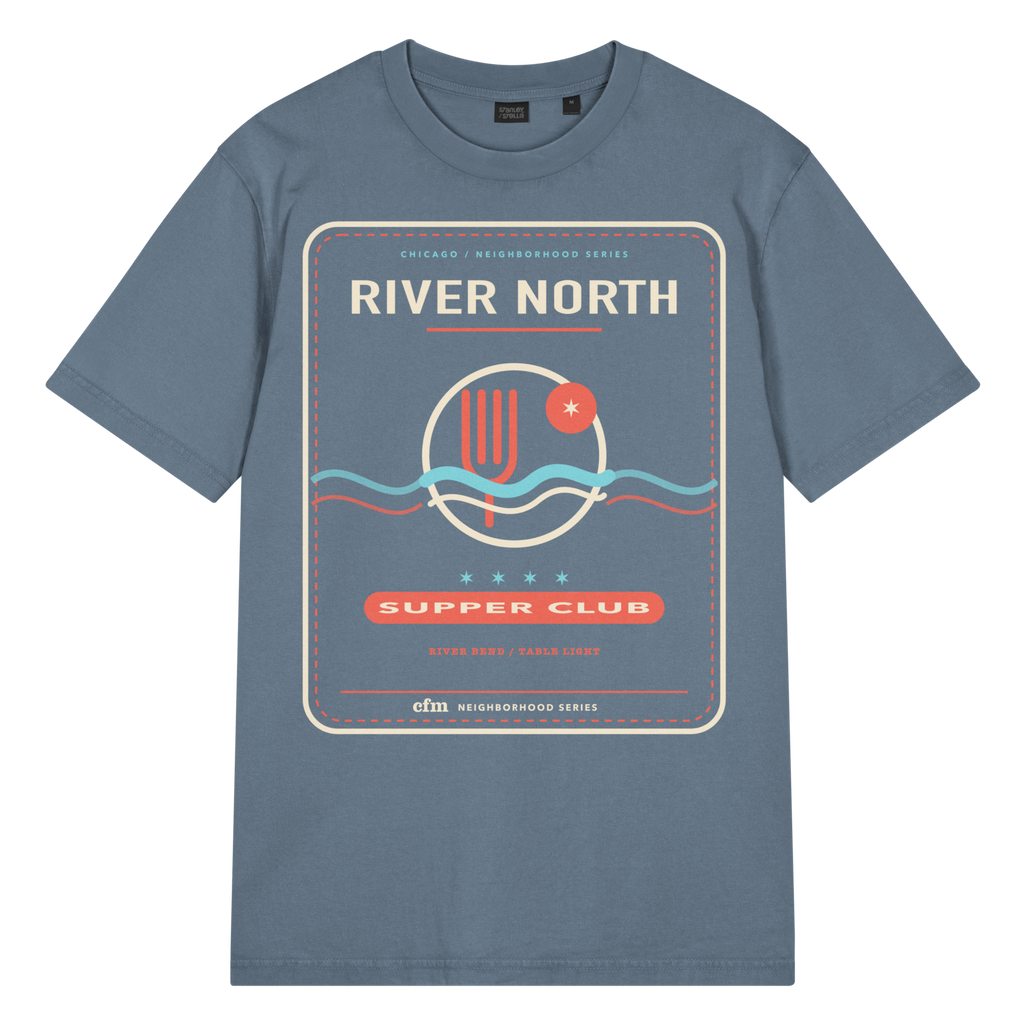 River North garment-dyed t-shirt in G. Dyed Deep Teal, front view - Chicago Neighborhood Series