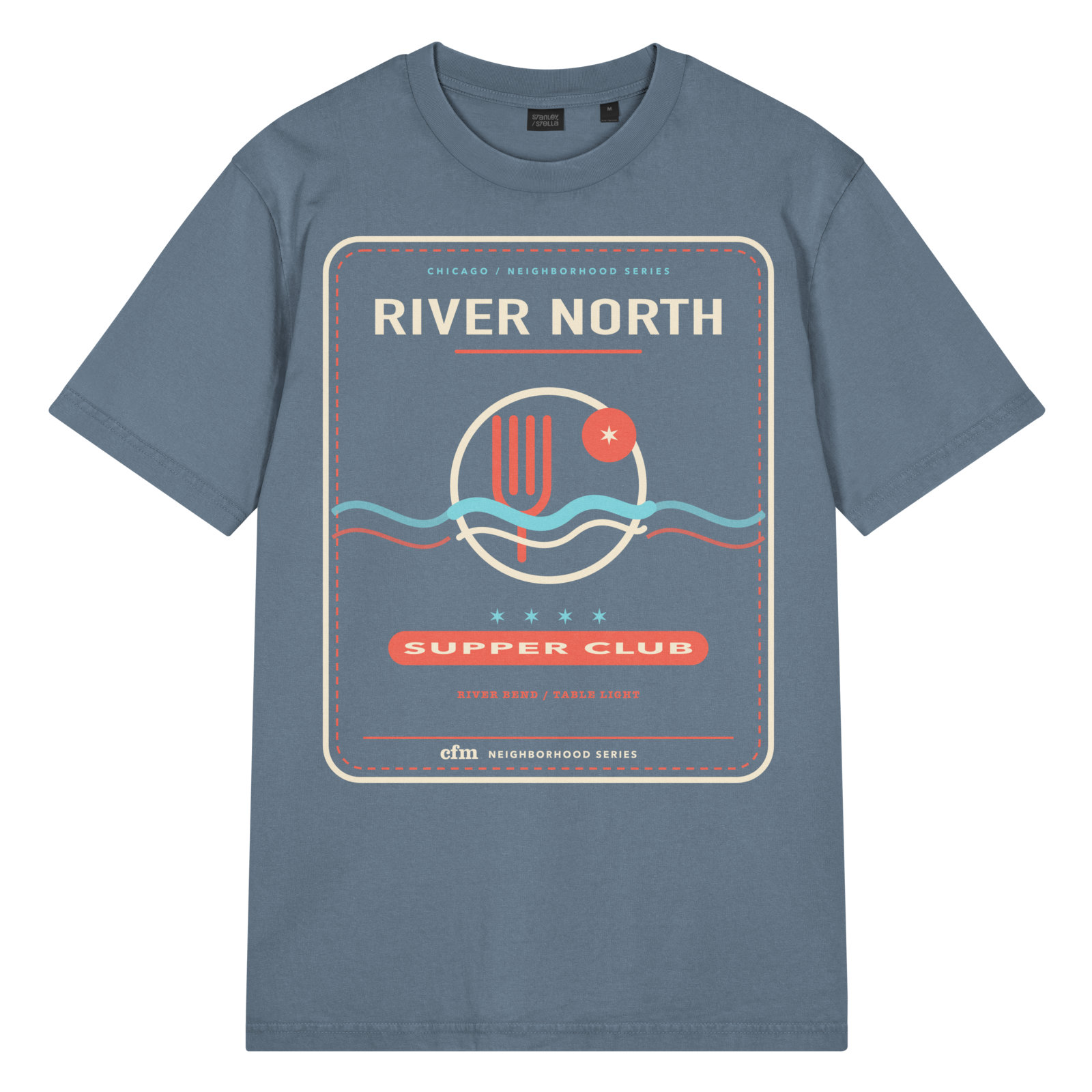 River North garment-dyed t-shirt in G. Dyed Deep Teal, front view - Chicago Neighborhood Series