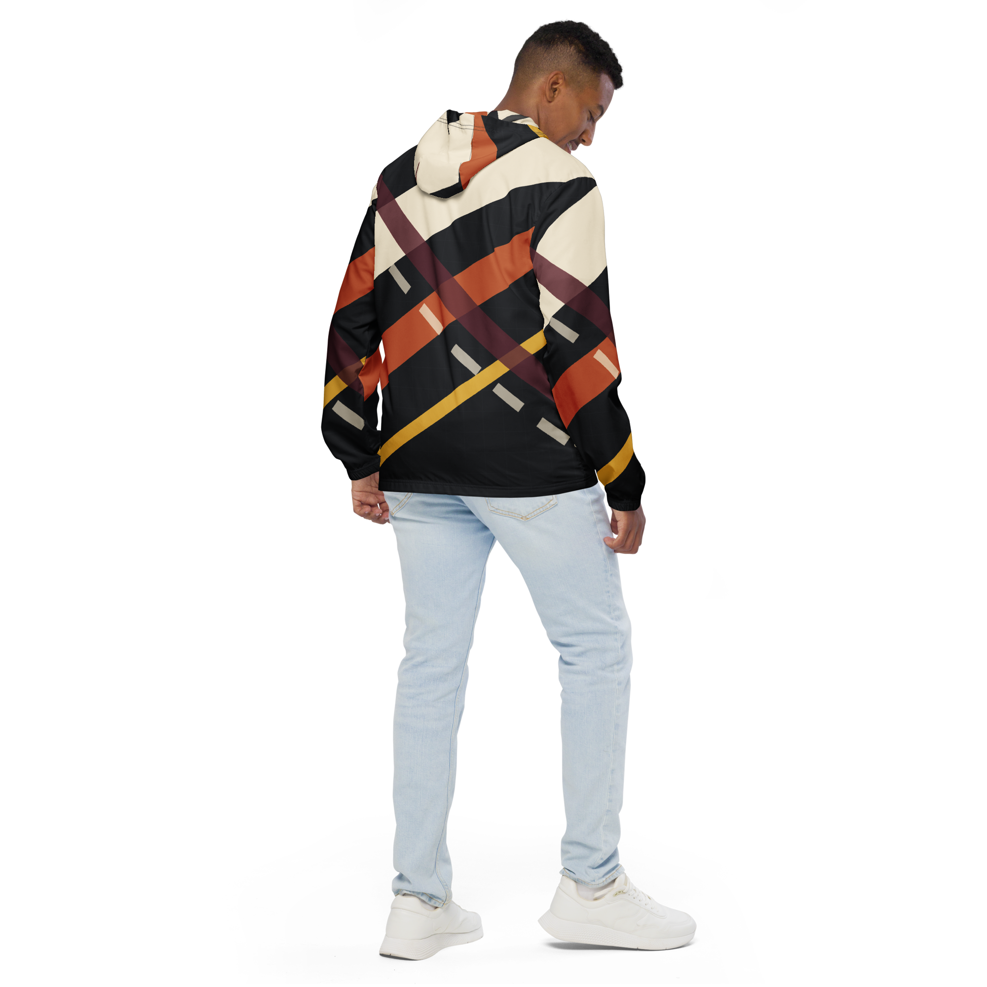Chicago MDW Diagonal Approach windbreaker with cream and orange crossed-runway graphics, back