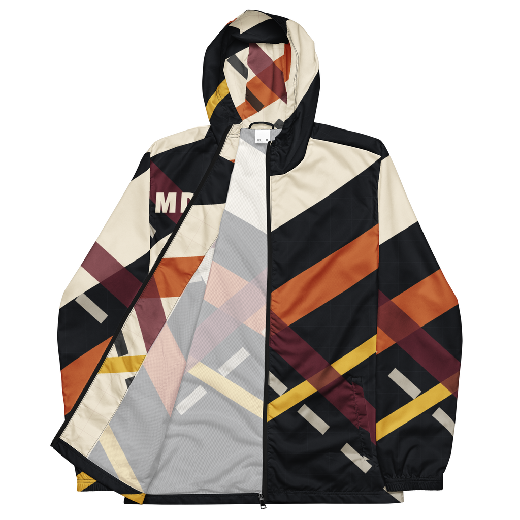 Chicago MDW Diagonal Approach windbreaker with cream and orange crossed-runway graphics, front Flat 2 Front