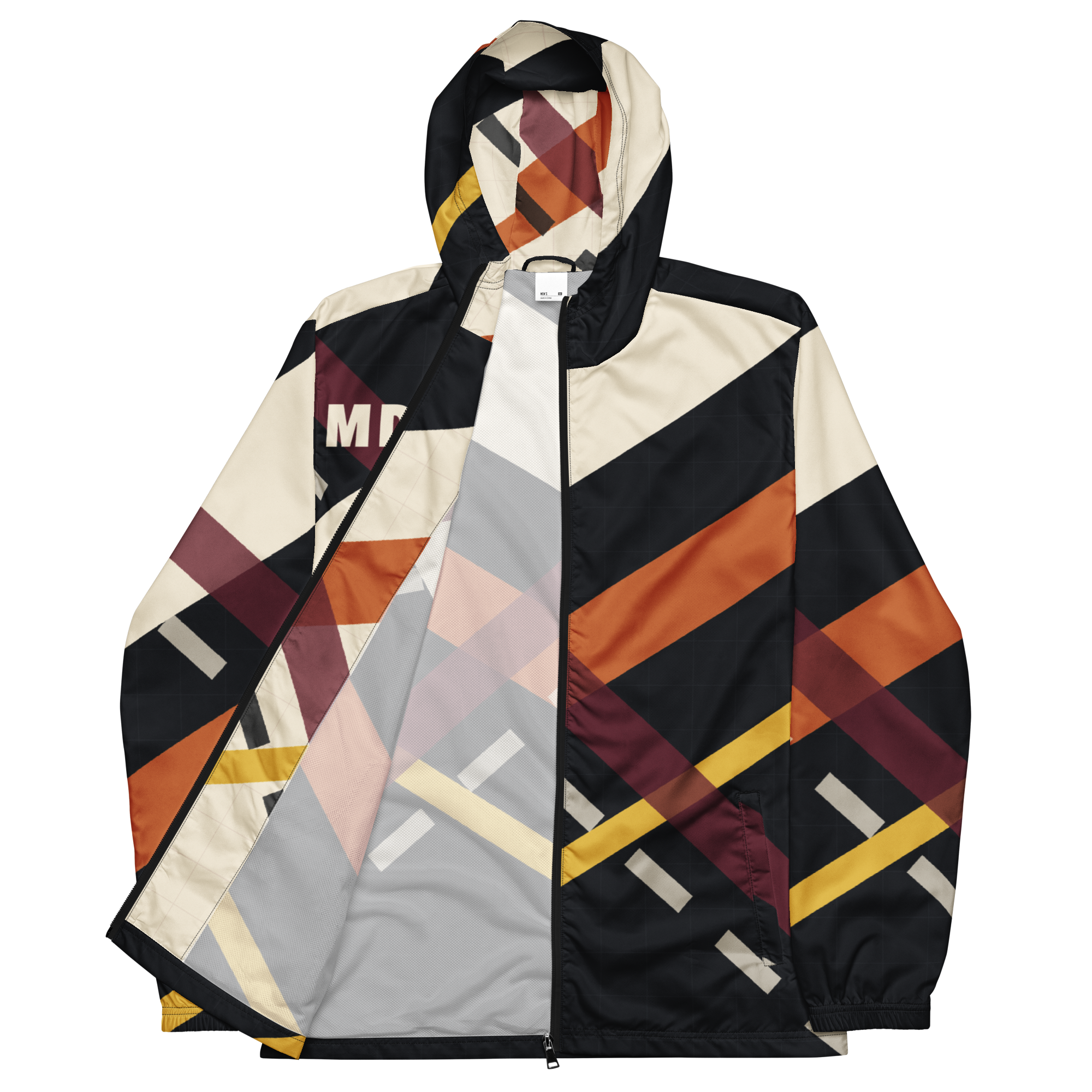 Chicago MDW Diagonal Approach windbreaker with cream and orange crossed-runway graphics, front Flat 2 Front