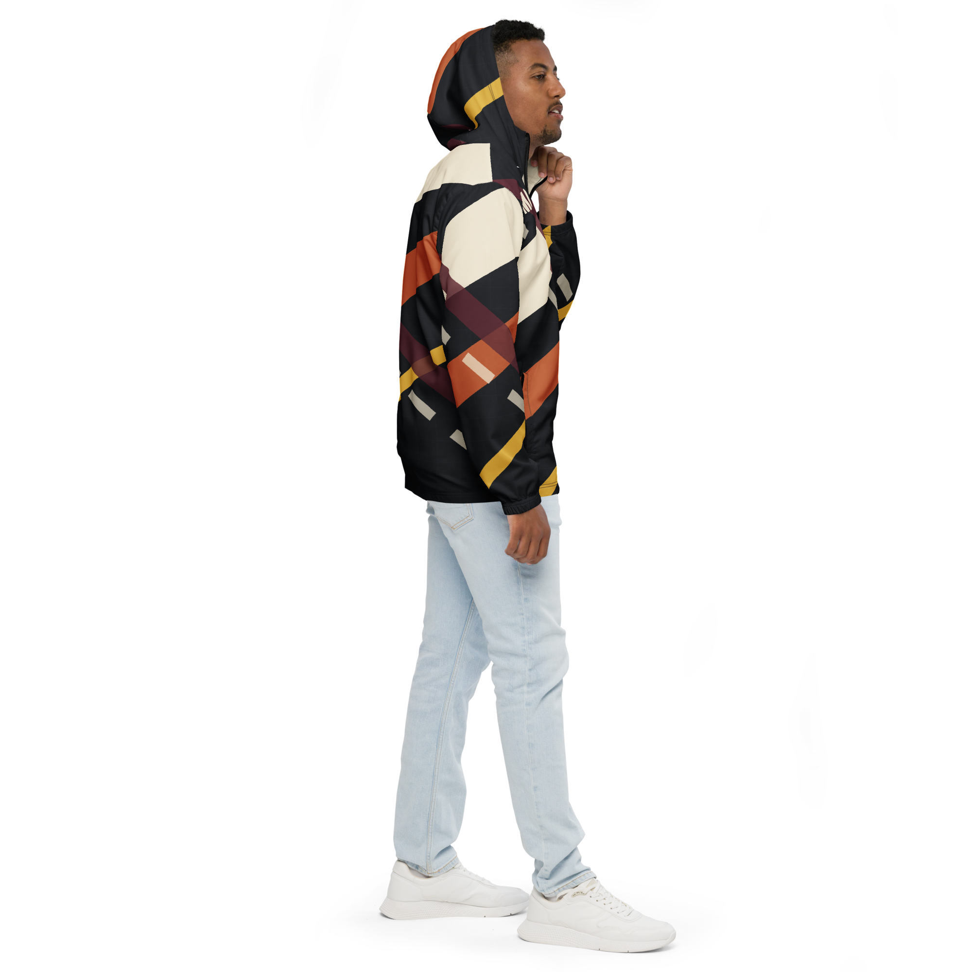Chicago MDW Diagonal Approach windbreaker with cream and orange crossed-runway graphics, sleeve_right