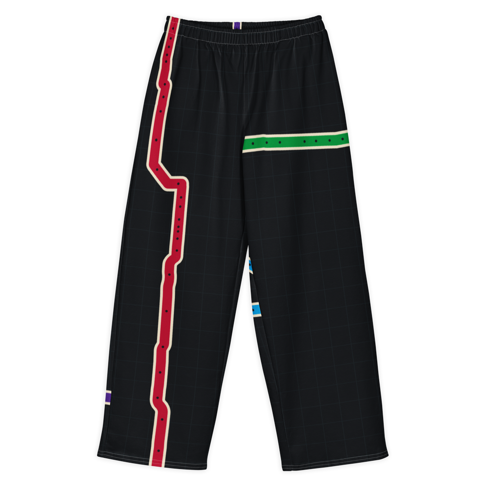 Chicago Transit North South Axis wide-leg pants with full-length route artwork, primary view