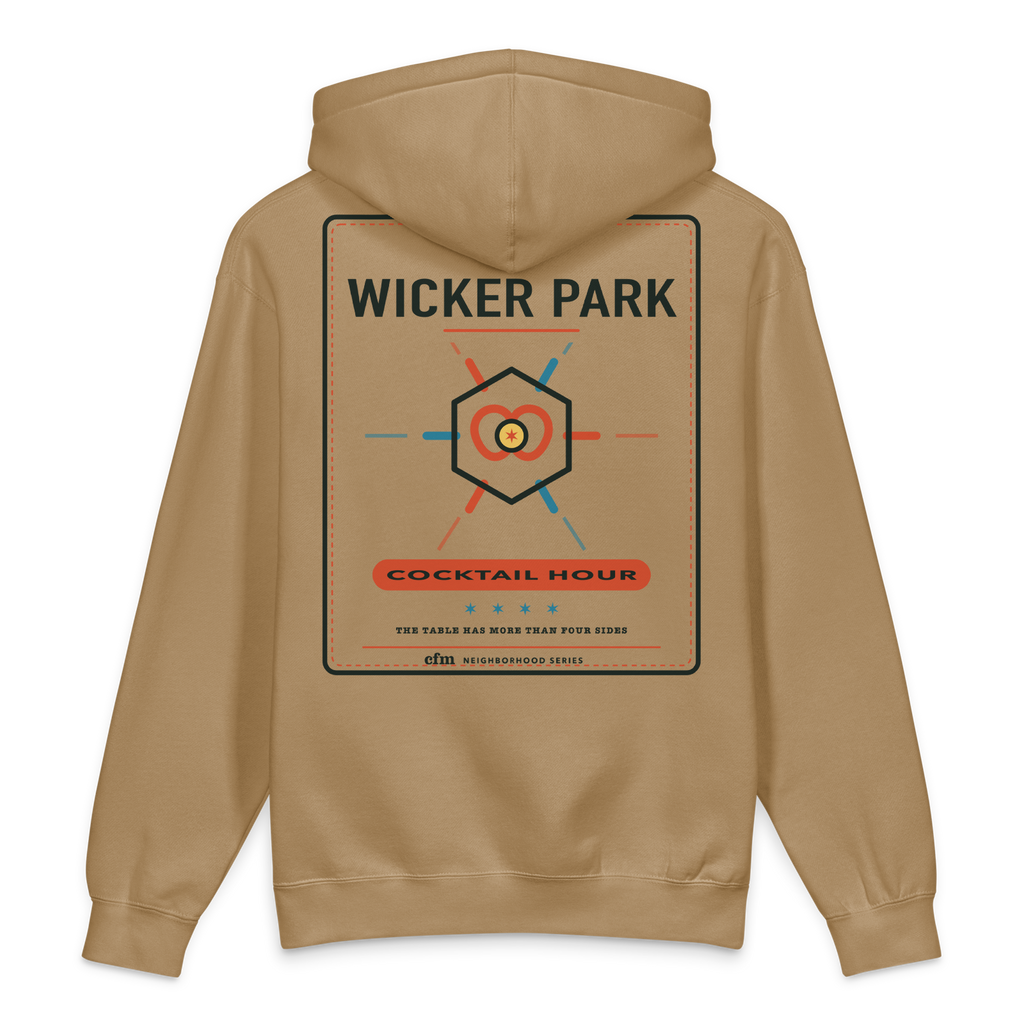 Wicker Park heavyweight hoodie in Sandstone, back view - Chicago Neighborhood Series