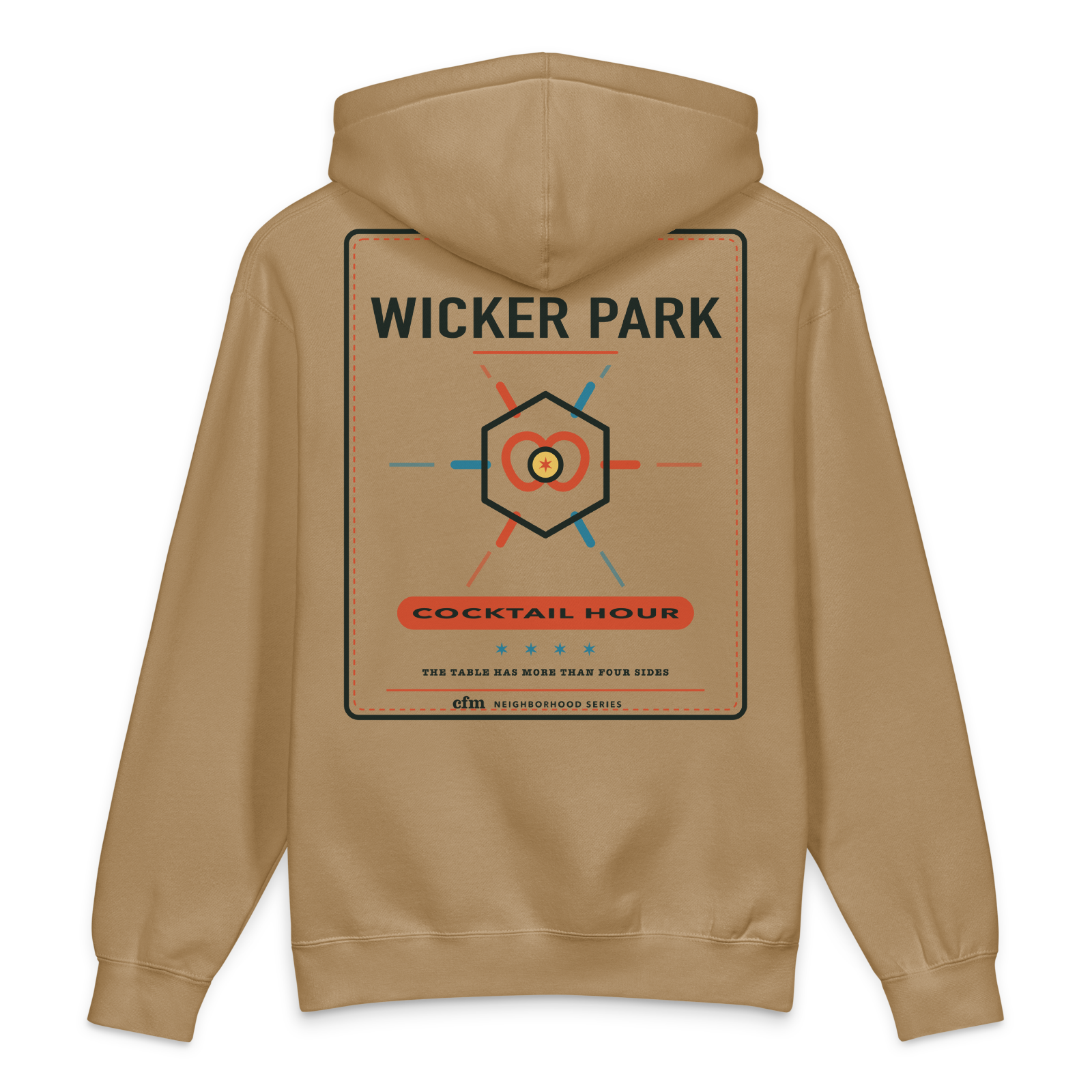Wicker Park heavyweight hoodie in Sandstone, back view - Chicago Neighborhood Series