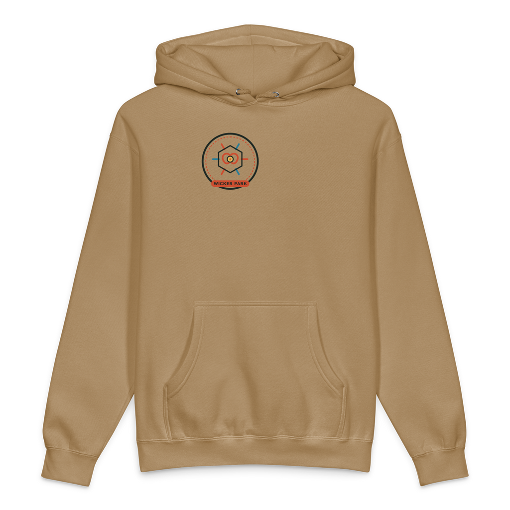 Wicker Park heavyweight hoodie in Sandstone, front view - Chicago Neighborhood Series