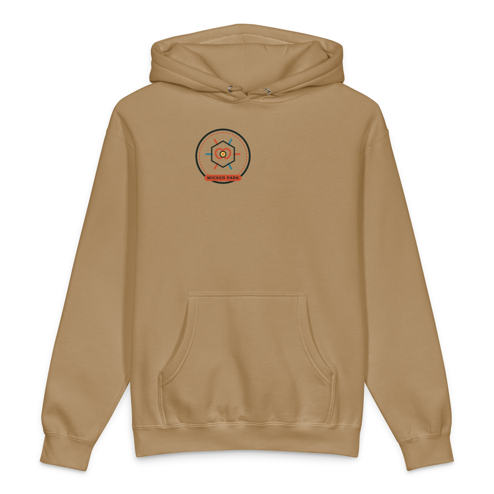 Wicker Park heavyweight hoodie in Sandstone, front view - Chicago Neighborhood Series