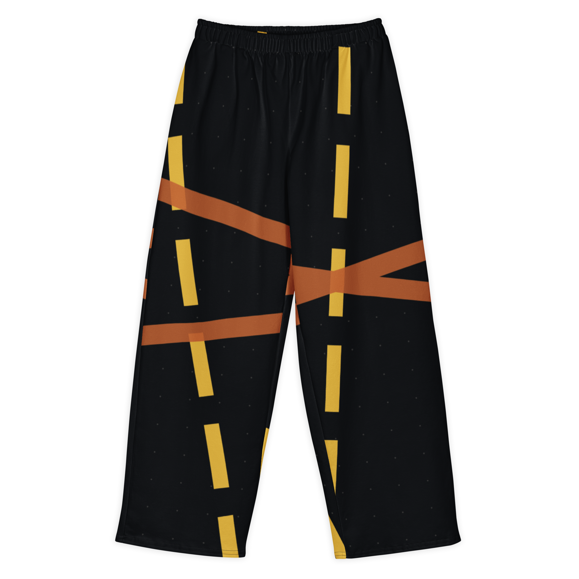 Chicago MDW Crosswind wide-leg pants in black with yellow taxiway dashes and orange seams