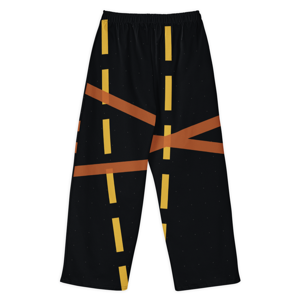 Chicago MDW Crosswind wide-leg pants in black with yellow taxiway dashes and orange seams, front_dtfabric Flat Back