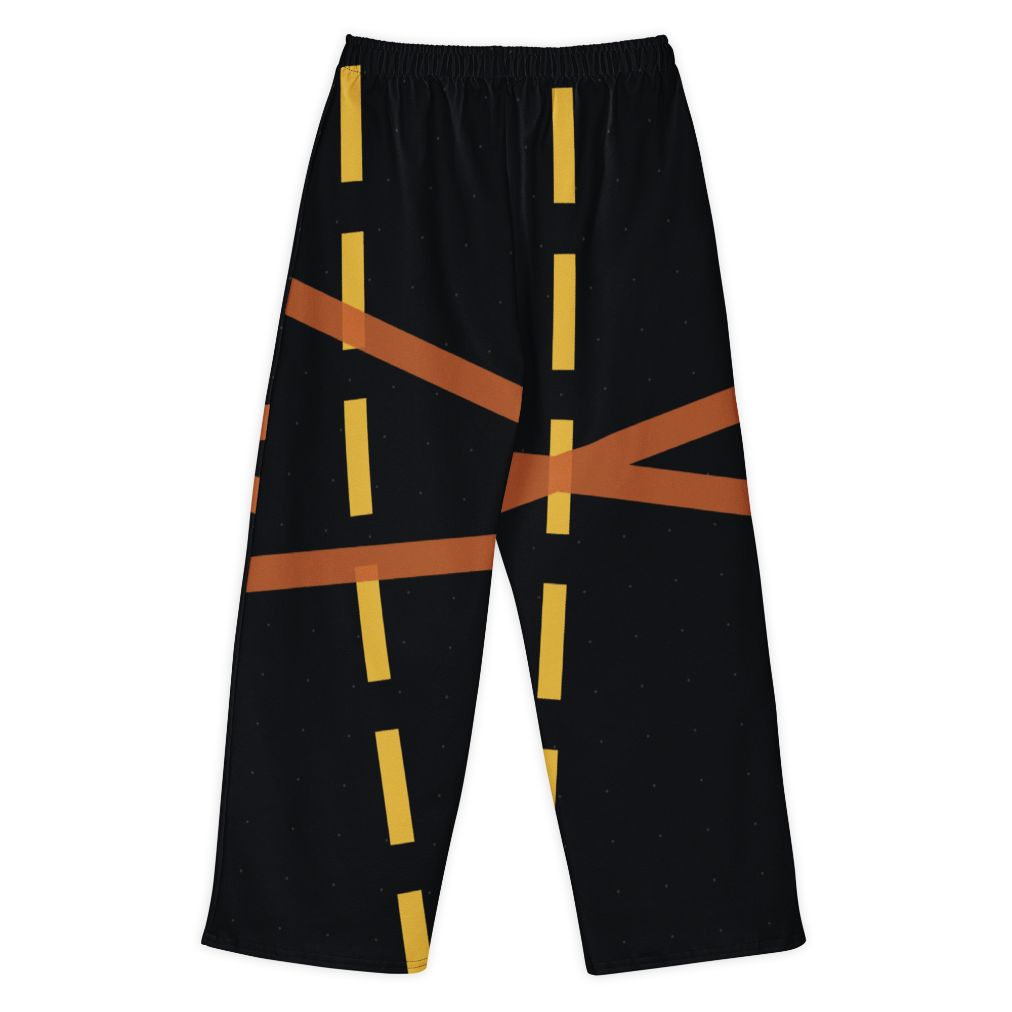 Chicago MDW Crosswind wide-leg pants in black with yellow taxiway dashes and orange seams, front_dtfabric Flat Back