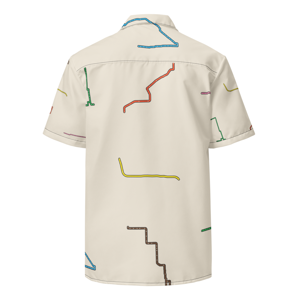 Chicago Transit System Toile button shirt with all eight complete rail diagrams, alternate view