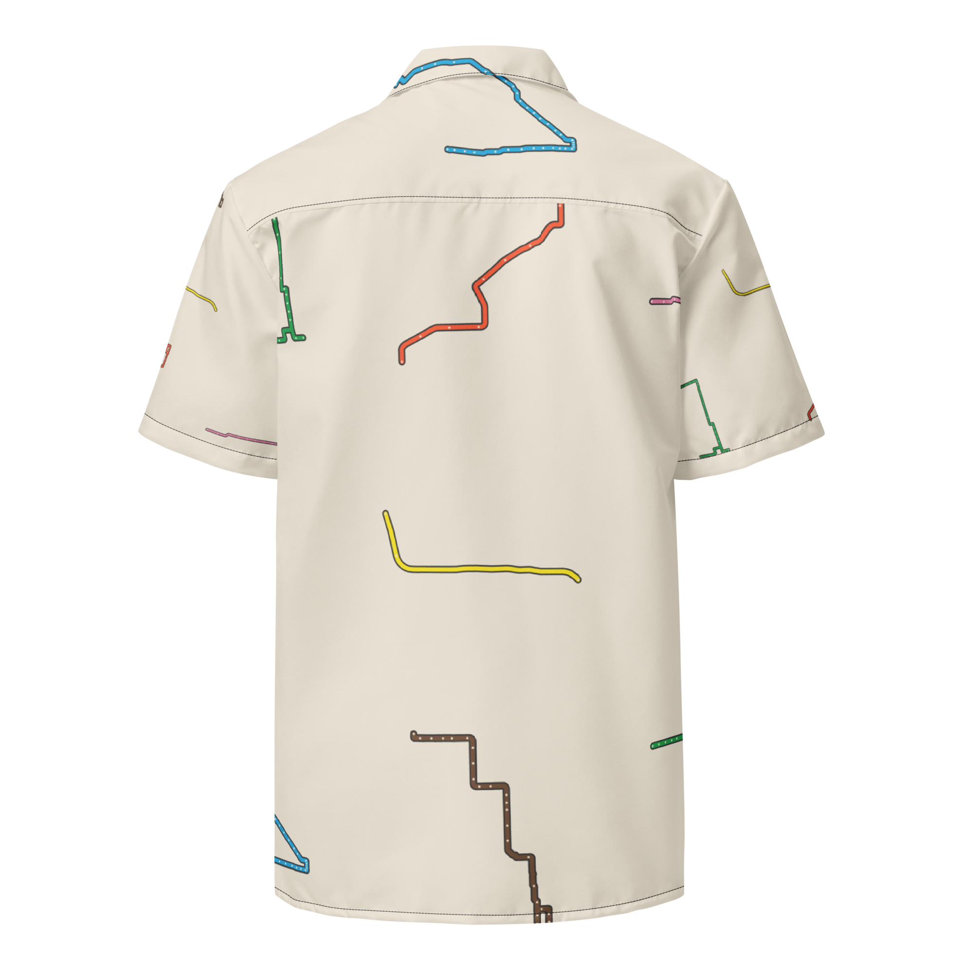 Chicago Transit System Toile button shirt with all eight complete rail diagrams, alternate view