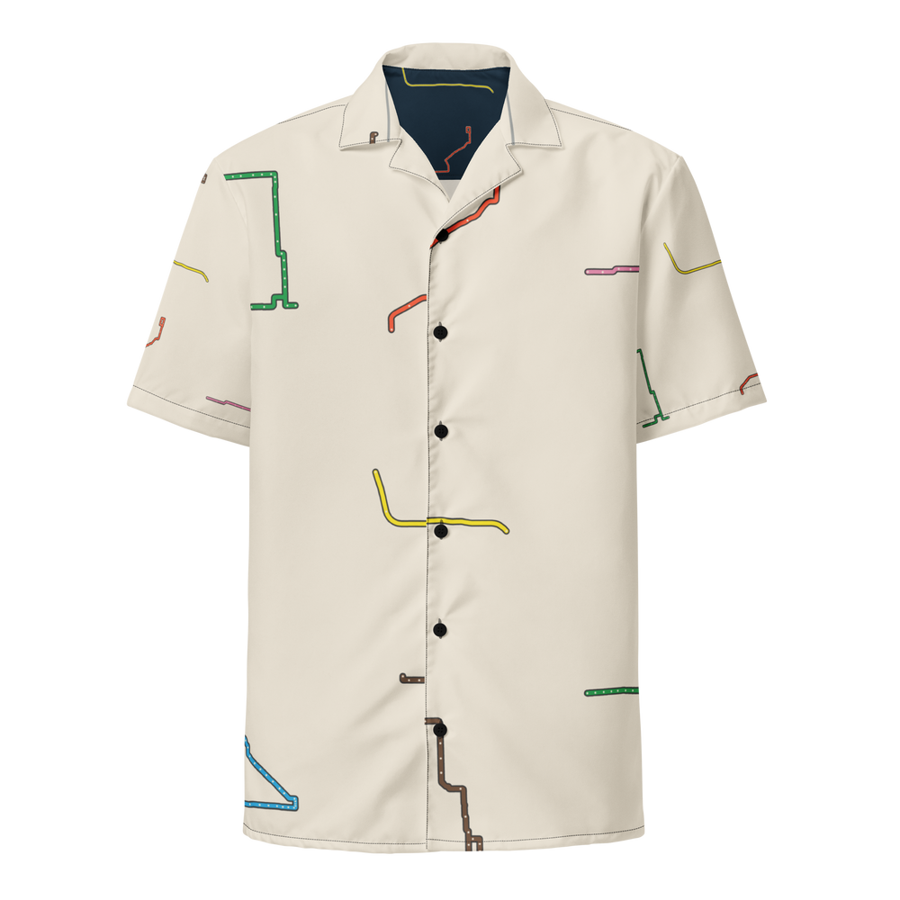Chicago Transit System Toile button shirt with all eight complete rail diagrams, primary view