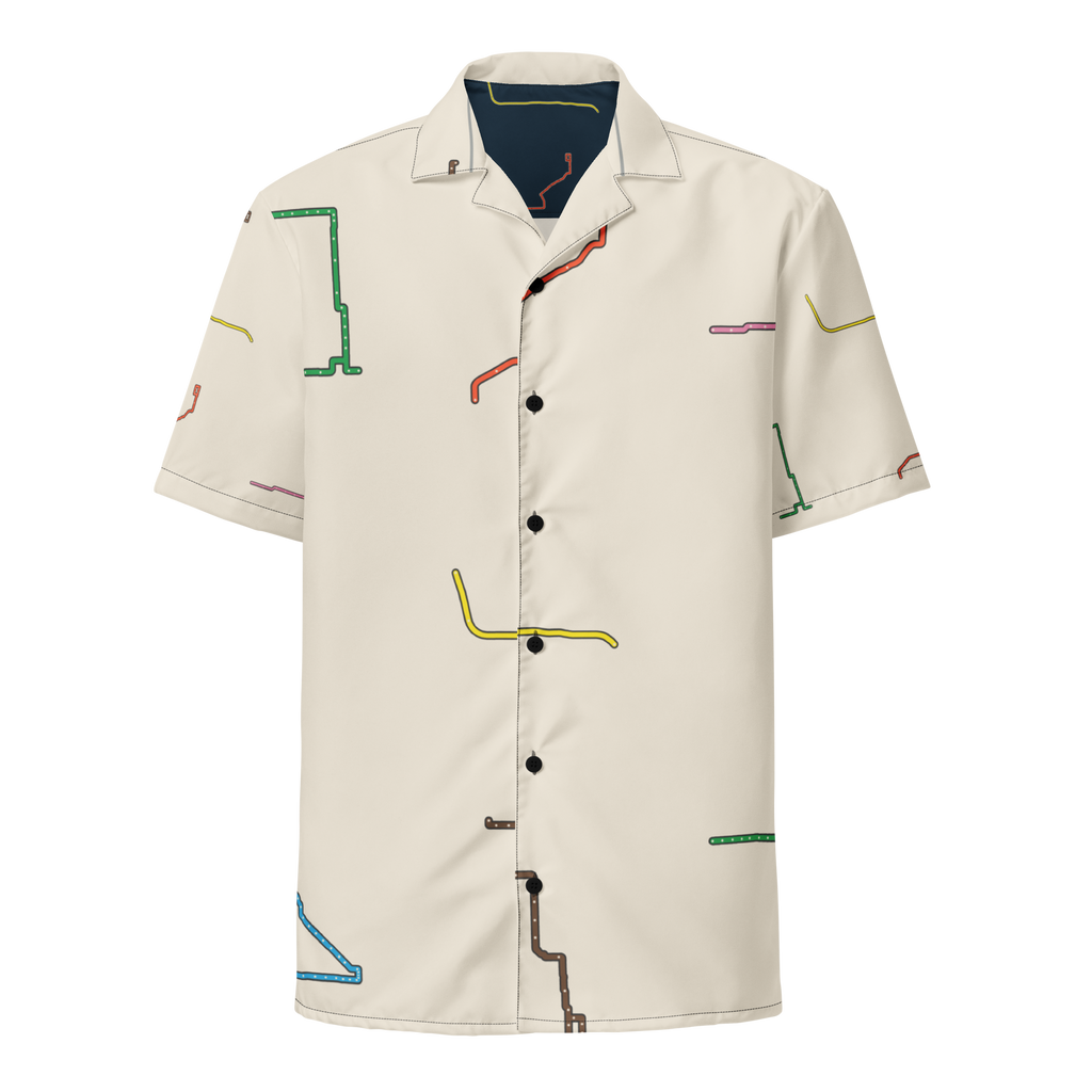Chicago Transit System Toile button shirt with all eight complete rail diagrams, primary view
