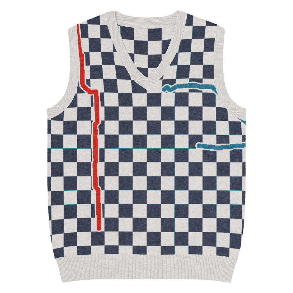 Chicago Transit Transfer Plaid knitted V-neck vest in navy, bone, red, and cyan, primary view