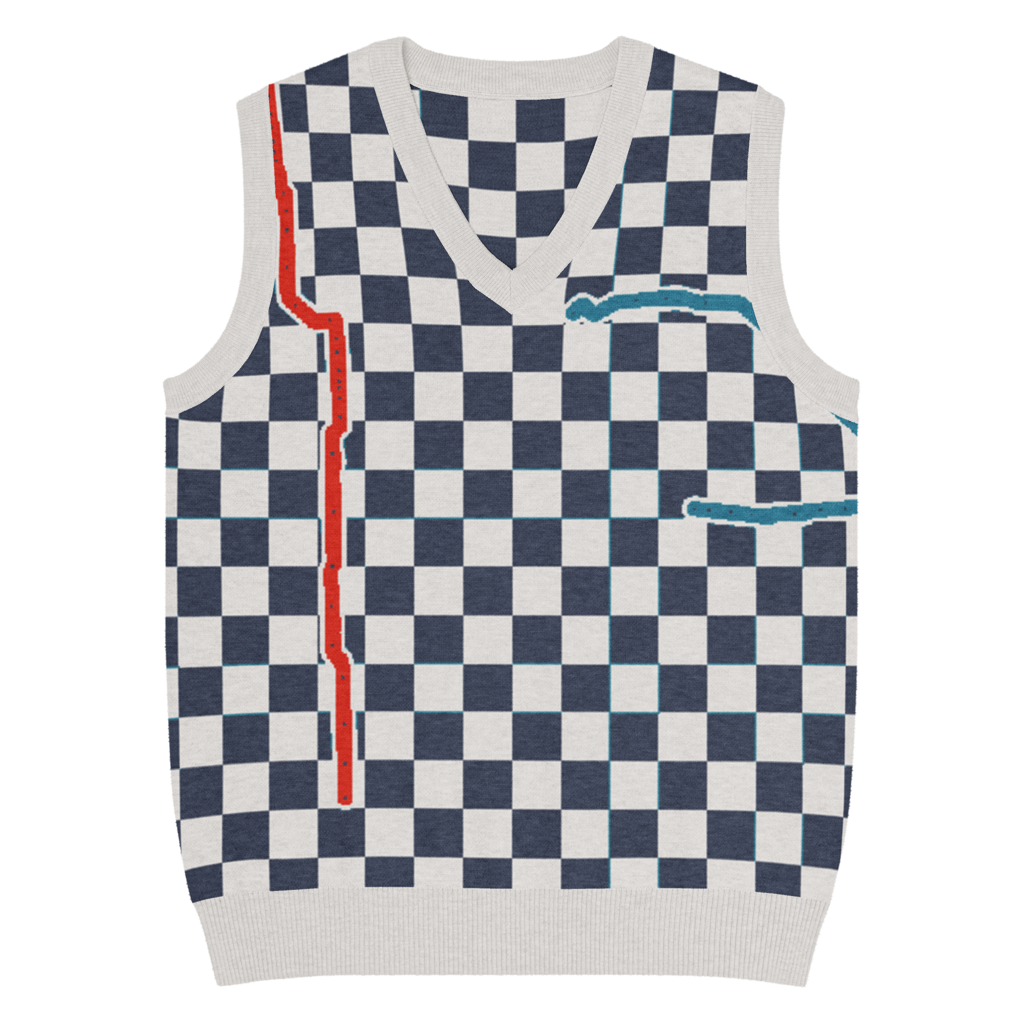 Chicago Transit Transfer Plaid knitted V-neck vest in navy, bone, red, and cyan, primary view